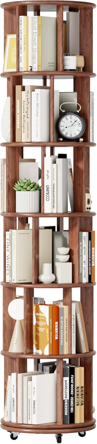 AJLDN Rotating Bookshelf Spinning Bookcase Tower Large Capacity Corner Bookshelves and Bookcases, 6-Tier Revolving Book Shelf Tower with Wheels for Small Space, Bedroom, Office, Solid Wood,Solid-Wood