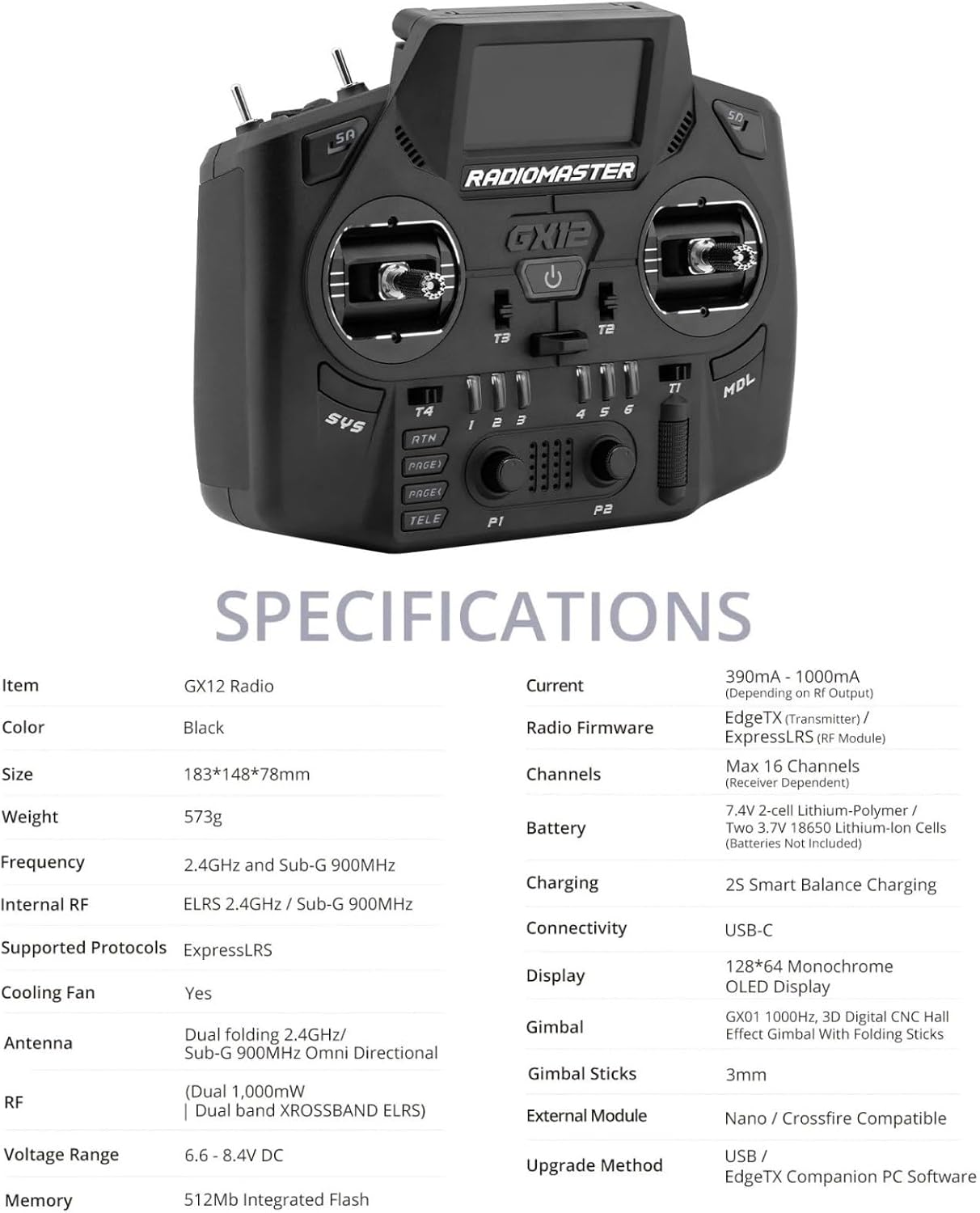 RadioMaster GX12 RC Transmitter - CNC Hall Gimbal, Dual Band Antenna, ExpressLRS & Gemini XROSSBAND - 3D Configurable for Drone & RC Control Model 2