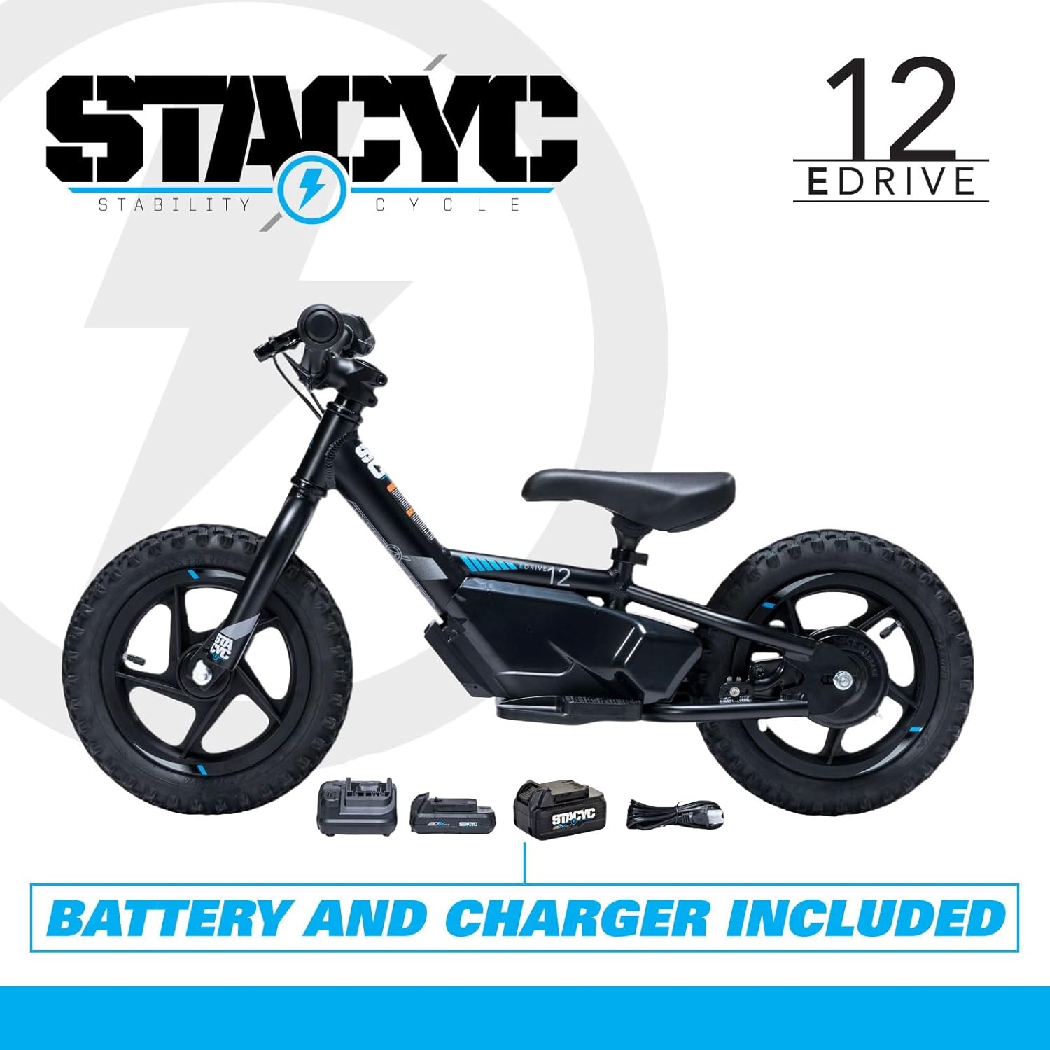 STACYC 12eDRIVE Electric Balance Bike for Kids Ages 3-5 Years Old Bundle 5AH 20VMAX E Bike Battery for 12eDrive and 16eDrive Bikes