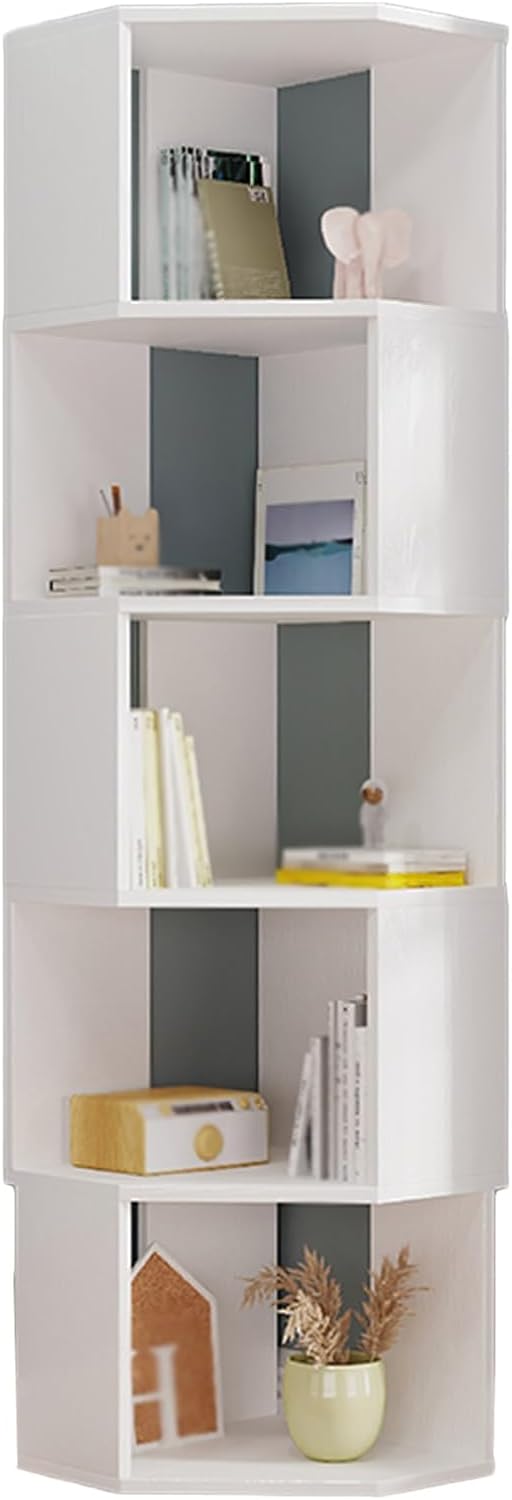 ZFUCMAYL 2/3/4/5 Tier Corner Bookshelf,Freestanding Corner Bookcase,Large L-Shaped Storage Shelf Display Rack for Small Space Living Room Office Study Room(White,5-Tier)
