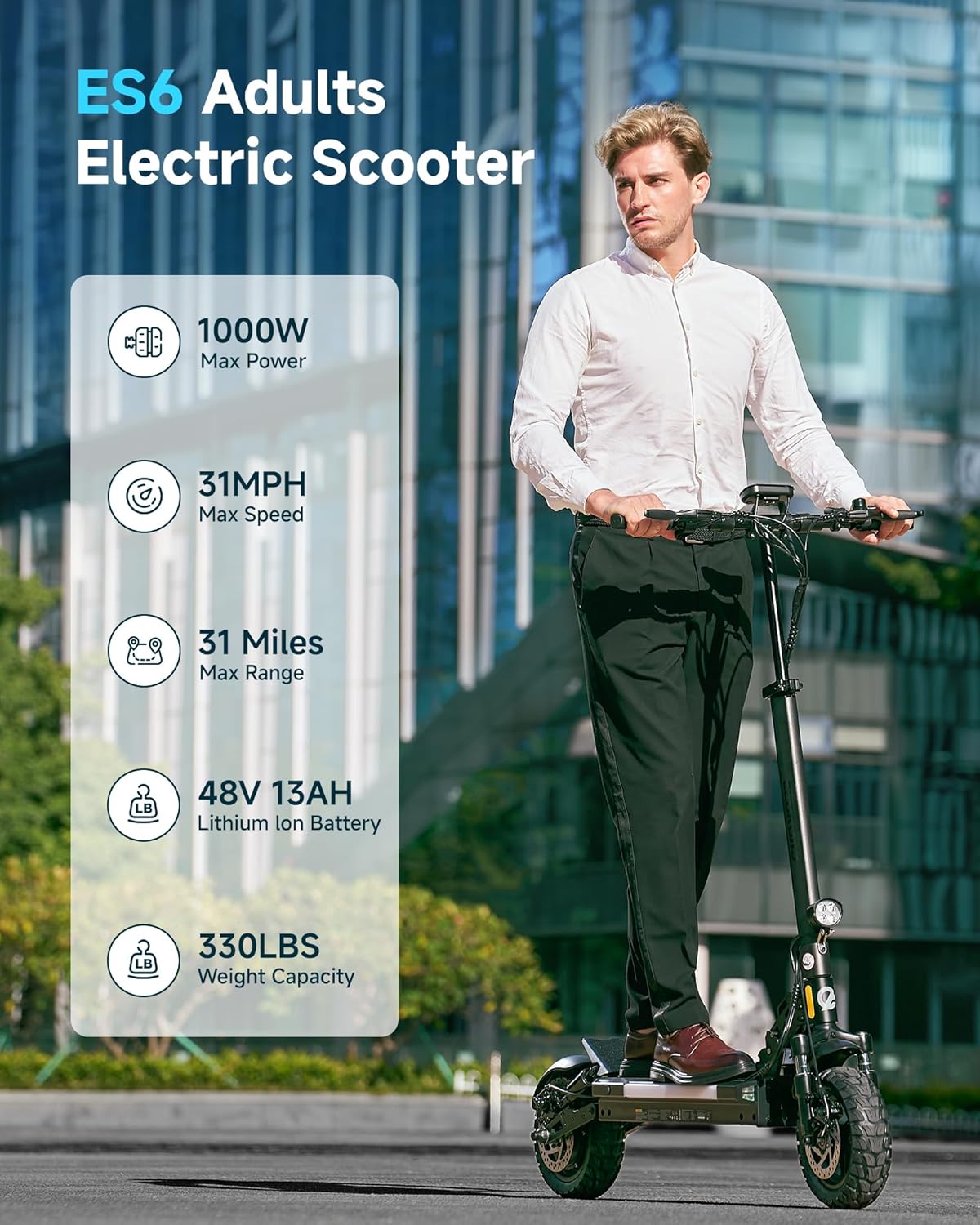 ECOROAD Electric Scooter Adults ES4/ES6, 800/1000W Motor & 25/31MPH Portable E-Scooter, 25/31 Miles Range, 8.5/10