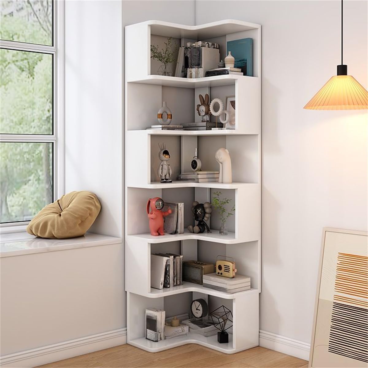 KWOKING L-Shape Bedroom Corner Cube Storage Cabinet Book Shelf Floor Bookshelf Solid Wood Storage Shelves Triangle Corner Bookcase White 22
