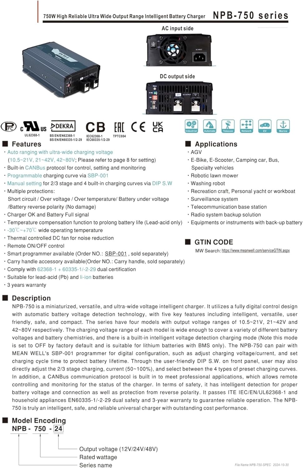 750W Output Battery Charger NPB-750-12 NPB-750-24 NPB-750-48 NPB-750(NPB-750-48)