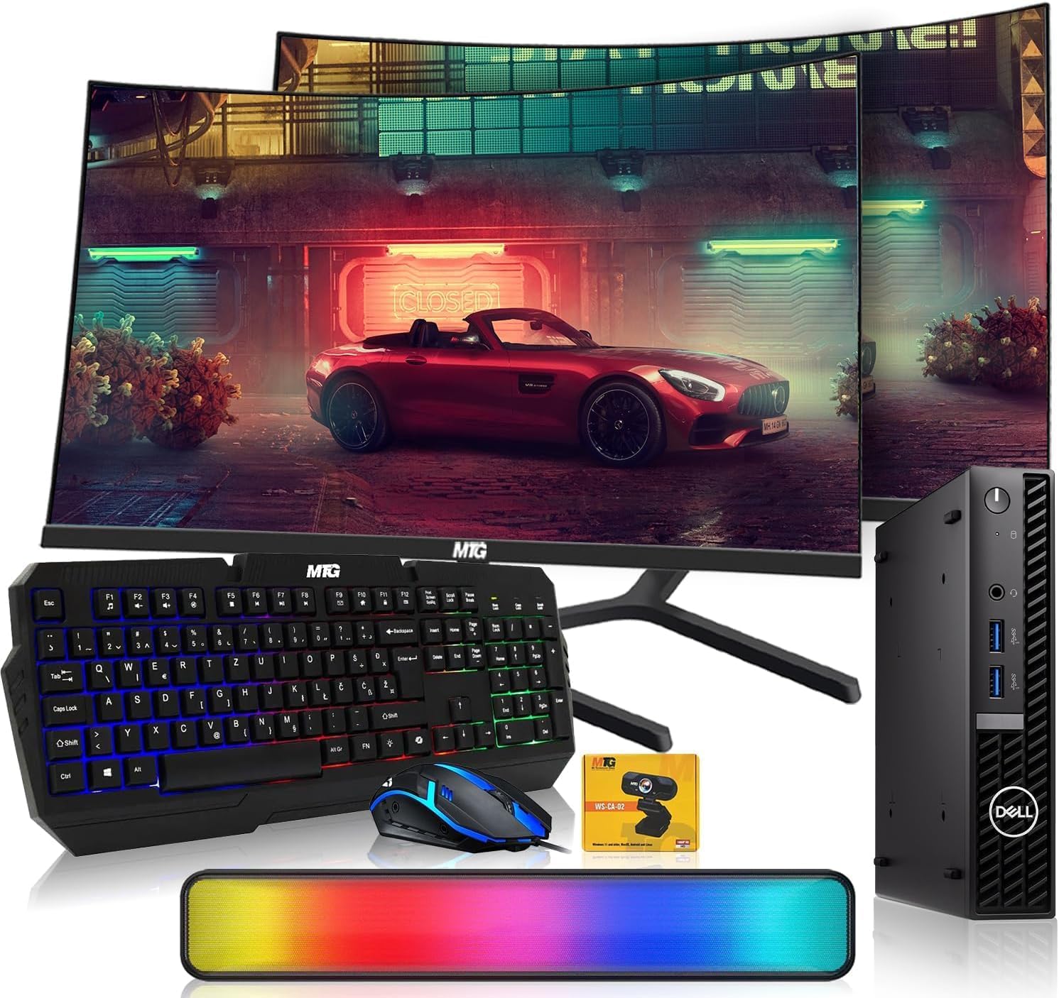 Dell Optiplex Tiny Mini Desktop PC, Core i5, 32GB RAM, 1TB SSD with Dual 32 inch Curved Monitor, AI Enabled RGB Keyboard Mouse, RGB Soundbar and Webcam Windows 11 (Renewed)