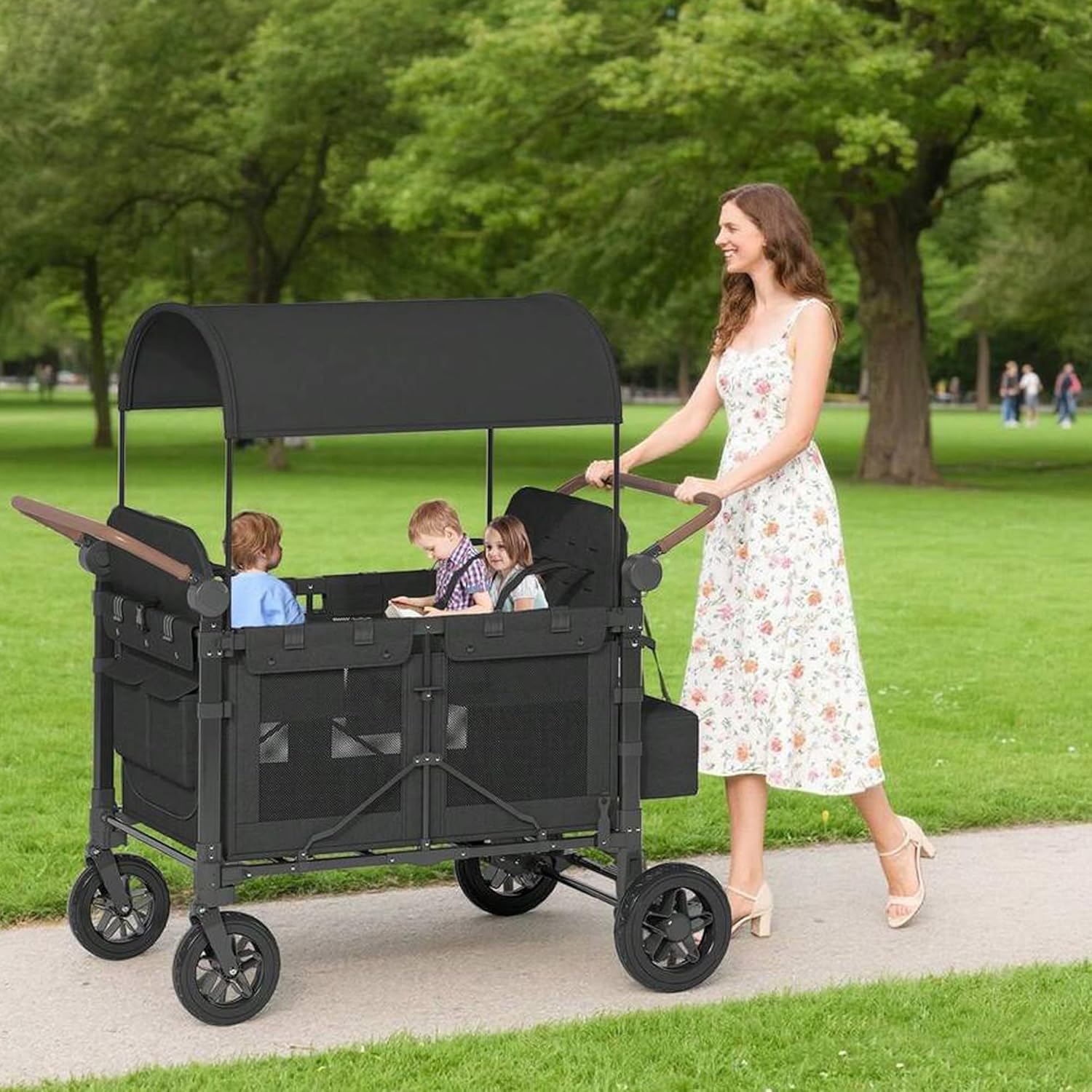 Folding Wagon Stroller for 4 Kids, Outdoor All-Terrain Baby Stroller Wagon for Toddler with Removable Canopy, 5-Point Safety Harness, Shock-Absorbing Wheel & Adjustable Handle, Parent Organizer