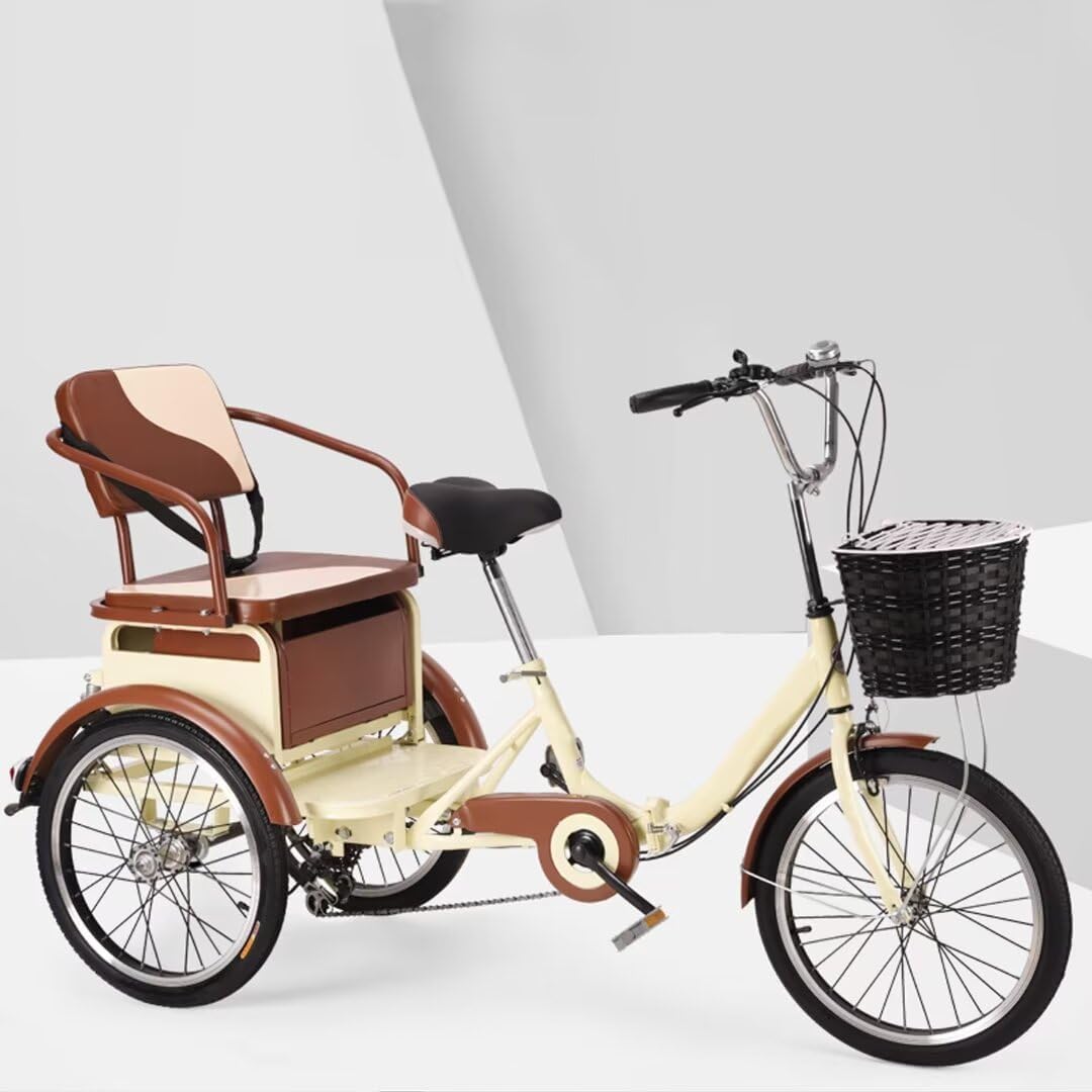 Folding Elderly Rickshaw Pedal Tricycle with Rear seat,20inch Passenger Trike,6 Variable Speed Tandem Tricycle,3 Wheels Trike,Scooter with Shock Absorbin (Beige 20 in)