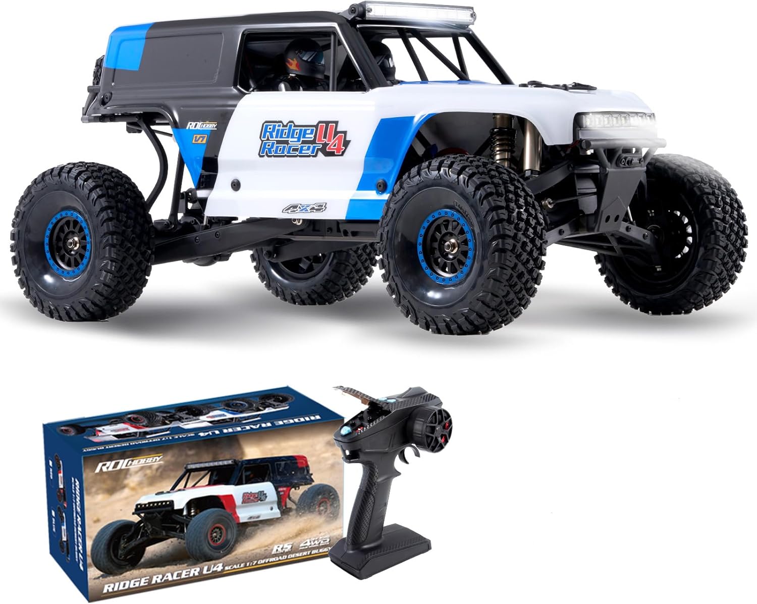 Rochobby Ford Bronco 1/7 Ridge Racer U4 RC Crawler, 4WD Brushless RC Truck, Fast Speed Desert Buggy 80km/h, RC Rock Crawler for Adults (Blue)