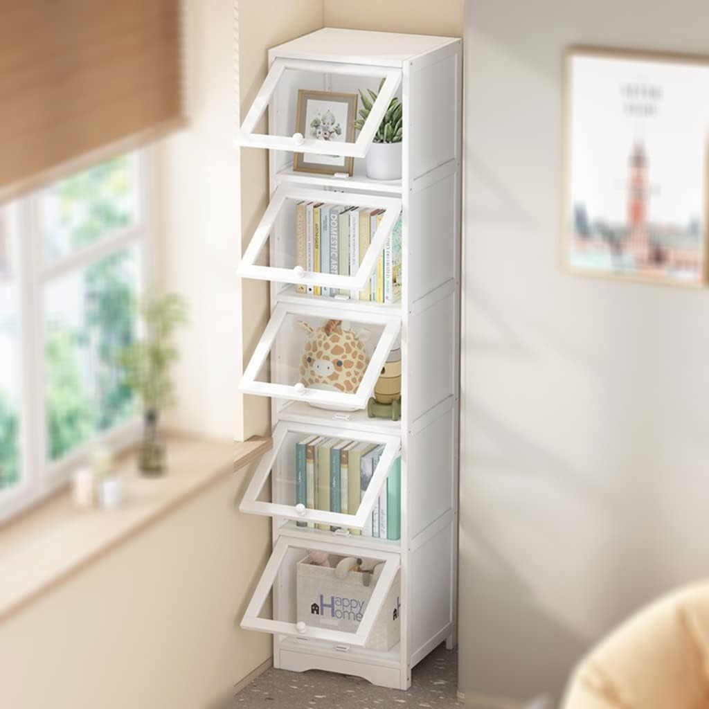 SYALEO Bamboo Bookshelf W/Acrylic Doors 5 Tier Tall Narrow Bookcase Storage Cabinet Freestanding Bookshelves Wooden Organizer for Bedroom
