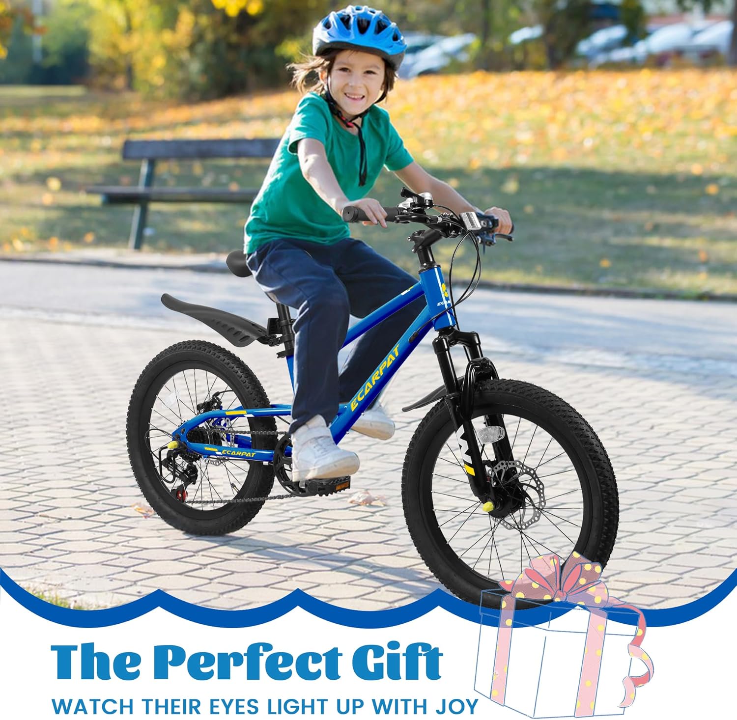 20 Inch Kids Mountain Bike for Boys Girls, 7-Speed Children Mountain Bicycle with Front Suspension, Dual Disc Brakes and Fender, Steel Frame Kids MTB for Ages 6-12 Years Old Birthday Gift