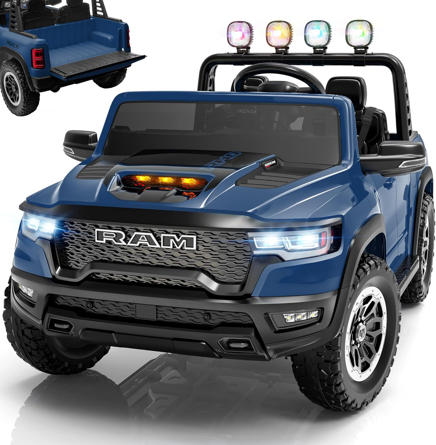 ENYOPRO 24 Volt Ride on Toys for Boys, Licensed RAM 1500 RHO 2 Seater Electric Car w/Remote Control, Kids Electric Vehicles w/Working Truck Tailgate, Spring Suspension, Bluetooth, LED Lights (Blue)