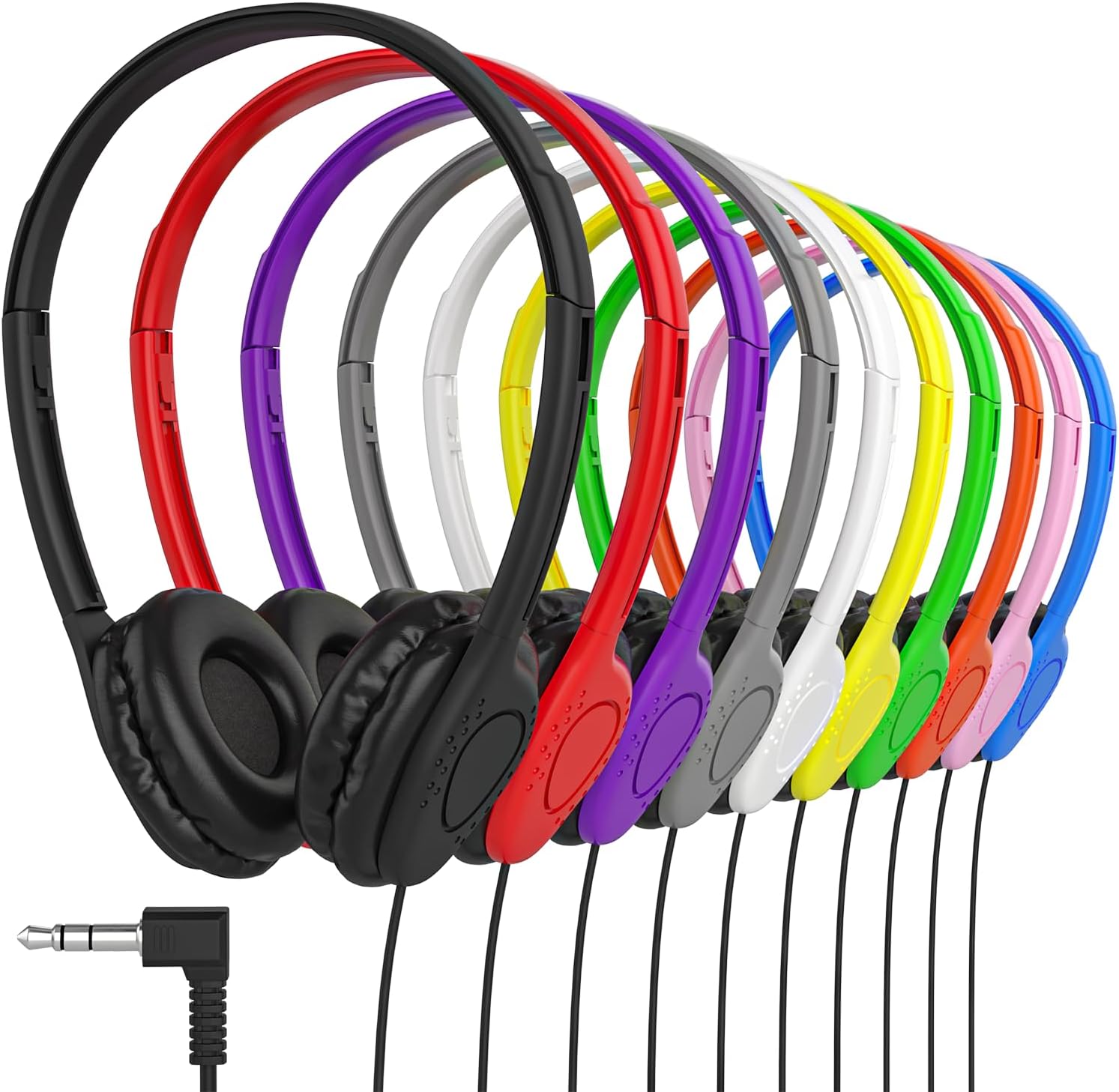 Maeline Bulk Classroom Student Headphones On Ear Stereo Headphones Adjustable Band & Faux Leather Cushions for Kids Online Learning, Library, School, Travel - 3.5mm Plug - 1000 Pack - Multi Colors