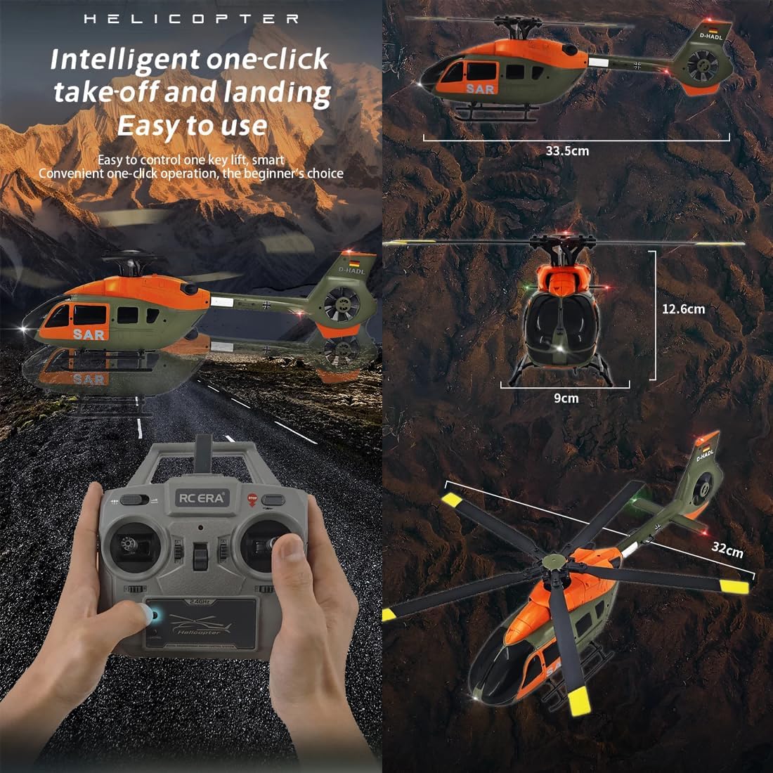 PIONEERX H145 C190 1/30 Scale Remote Control Helicopter for Adults Beginners, 6CH 2.4G 6-Axis Gyro 6G RC Helicopter Single Rotor No Ailerons Altitude Hover/Optical Flow Positioning - 4 Battery