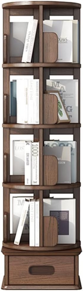 Wooden Rotating Bookcase with Drawers, Walnut Wood, 360° Flexible Rotation, Classified Storage, Small Footprint, Large-Capacity Shelf Suitable for Home Office