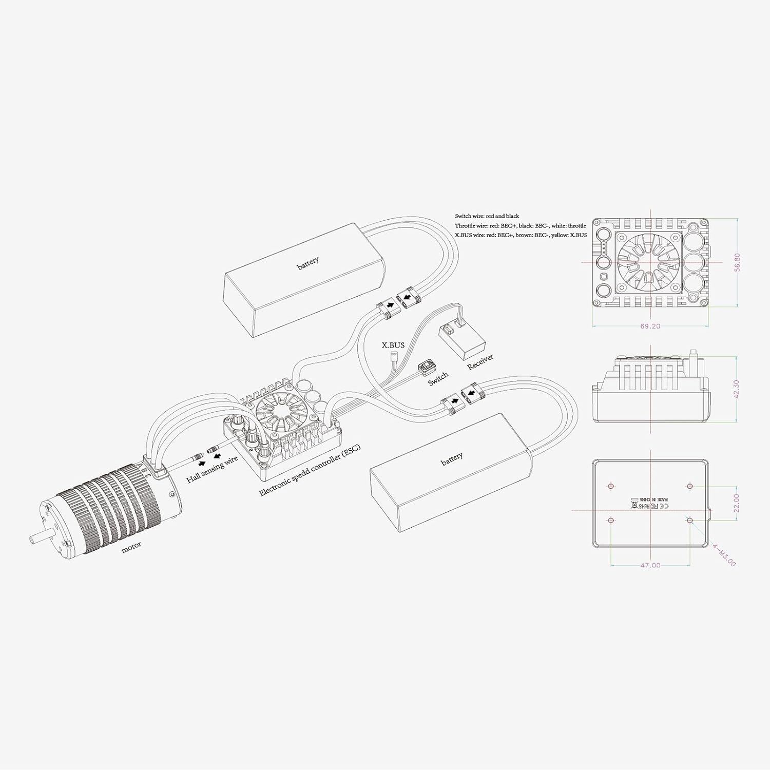 XC E6PRO Sensored Brushless ESC for RC Car, 3-8S Lipo,300A Continuous Current,8-25A 6.0/7.4/8.4V BEC,Efficient Protection,Support Turbo Timing and APP Control, Applicable to 1/6、1/7