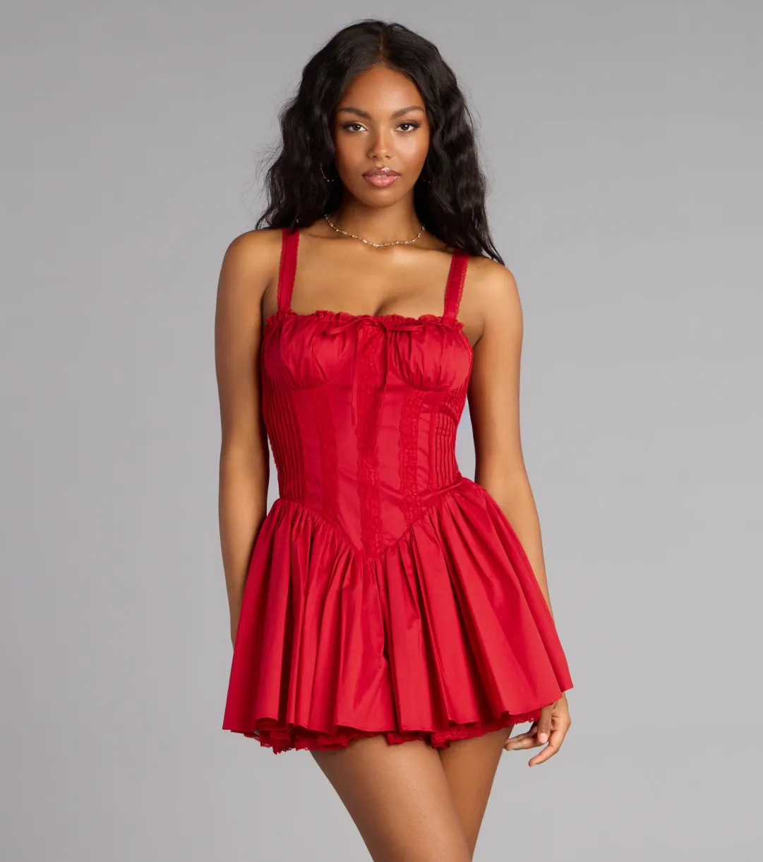 lace bustier skater dress Kimmie Lace-Up Corset Satin Skater Dress
