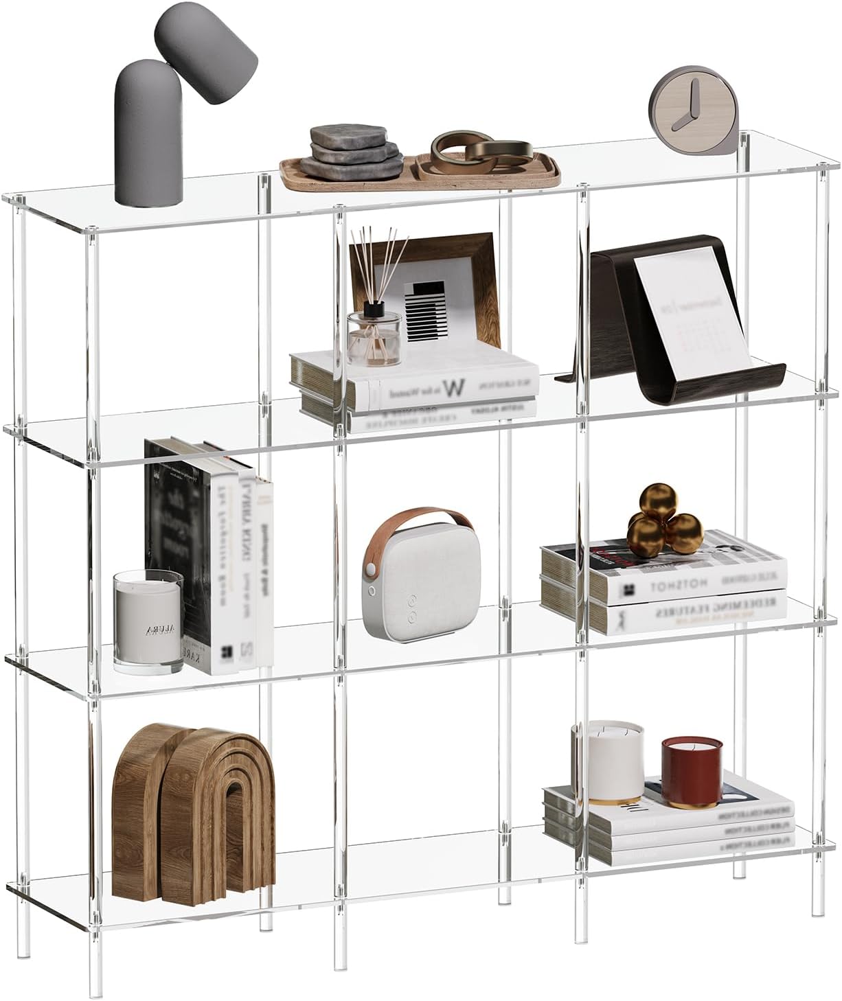 4-Tier Acrylic Horizontal Bookshelf, Clear 9 Cube Open Bookcase, Modern Book Shelf for Living Room, Bedroom, Office, 11.8