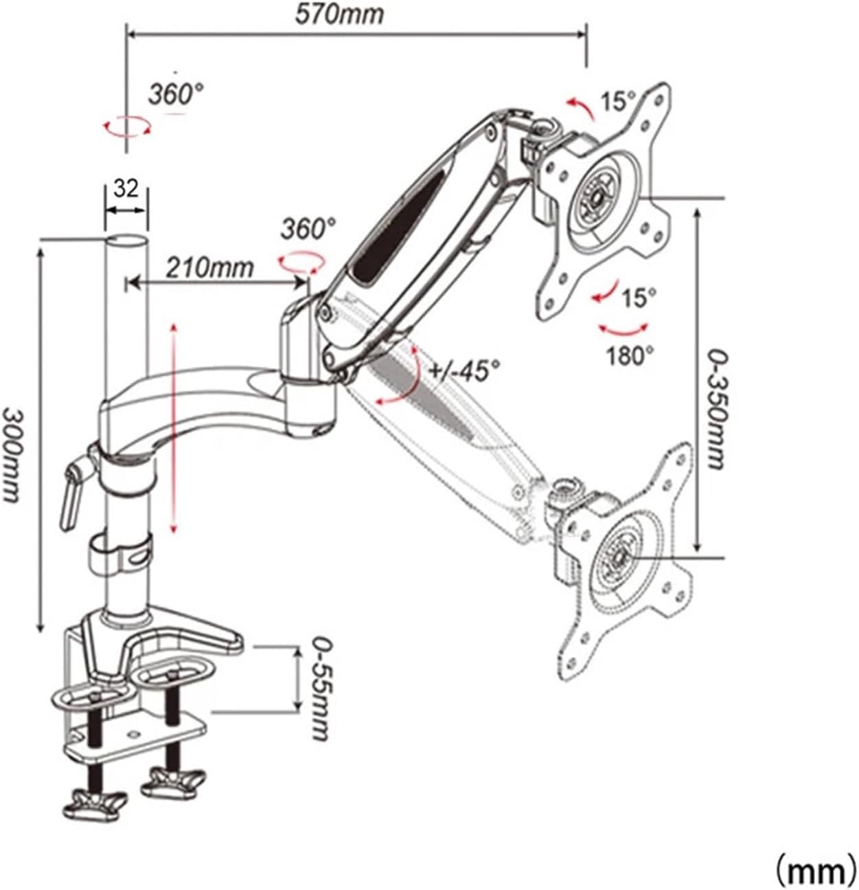 DL-GST112D Desktop 17-27 Inch Grommet Clamp Mount LCD LED Monitor Stand Gas Spring Full Motion TV Stand Loading 5-15 kg