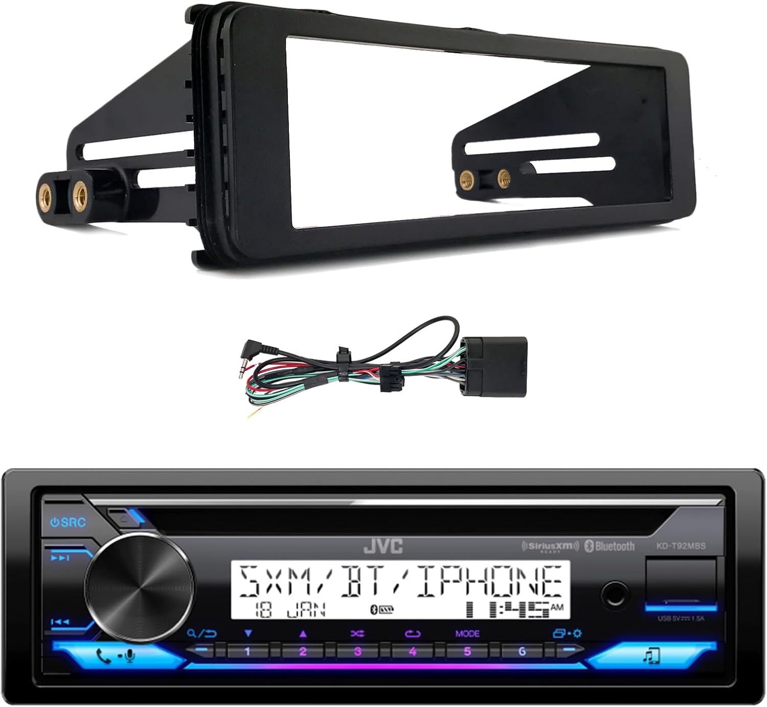 JVC KD-T92MBS Single DIN Marine USB Bluetooth CD Stereo Receiver with Radio Installation Kit (Fits Select 1998-2013 Harley Davidson Motorcycles)