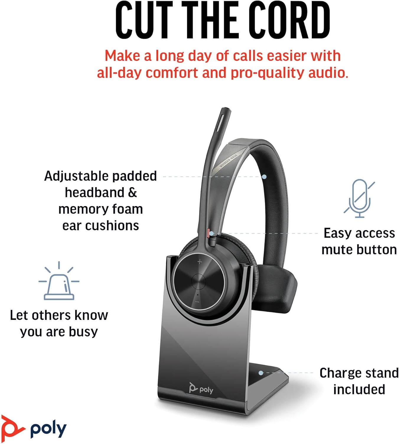 Poly Voyager 4310 UC Wireless Headset & Charge Stand (Plantronics) - Single-Ear Bluetooth Headset w/Noise-Canceling Boom Mic - Connect to PC/Mac/Mobile - Works w/Teams, Zoom, & More - Amazon Exclusive