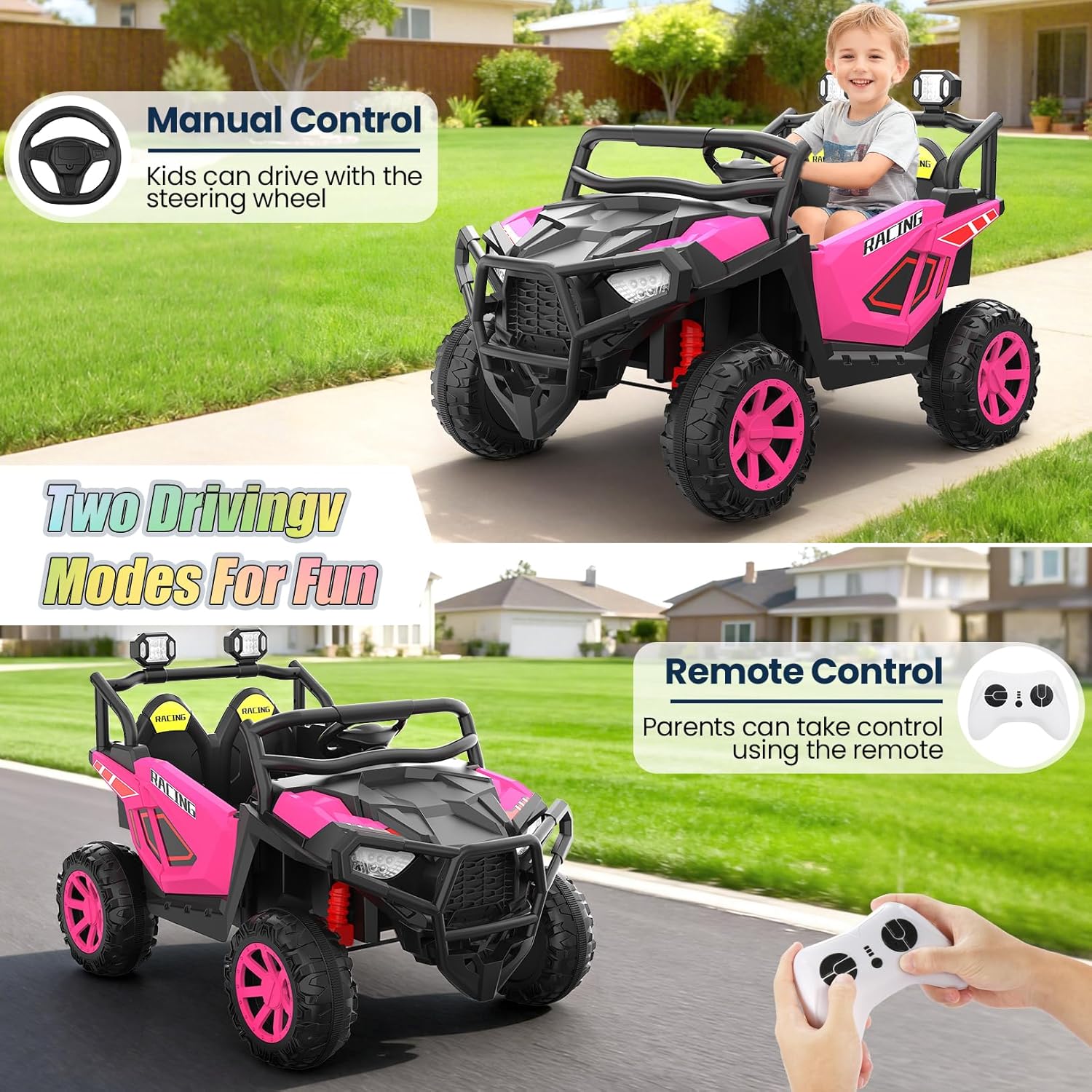 Hikole 2 Seater 24V Ride on Car Toys, UTV for Kids, Power Wheels with Remote Control, Multi-Function Electric Vehicle, Gift for Boys&Girls-Rose Pink