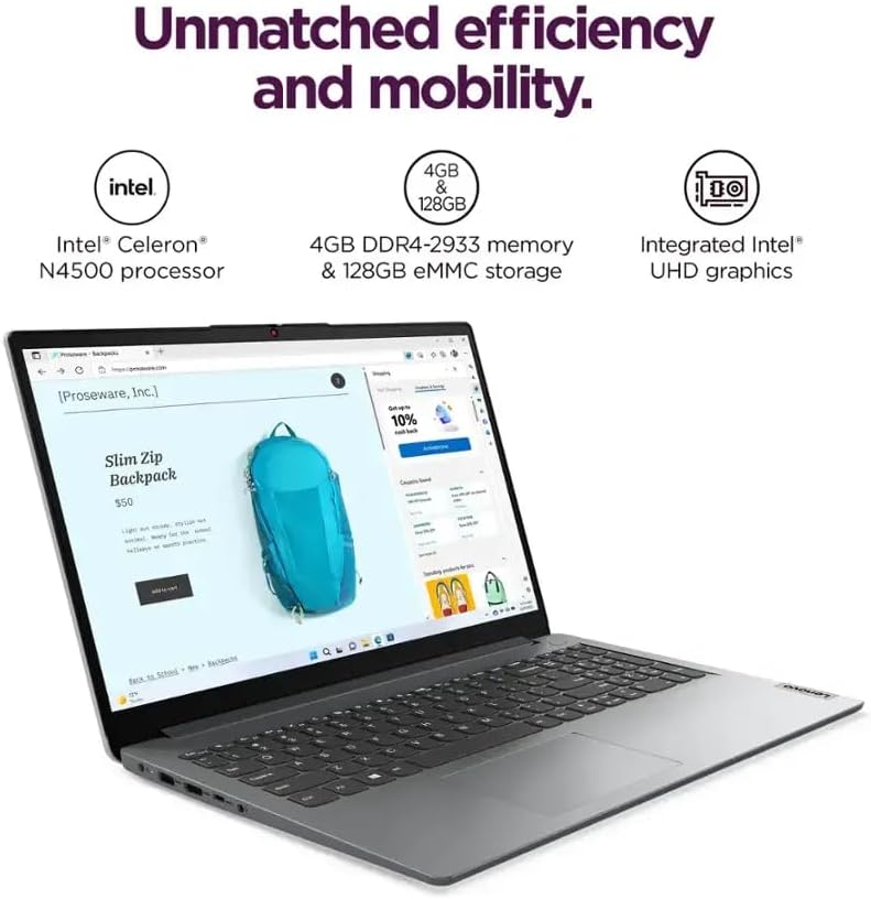 Lenovo Ideapad 1 15.6 inch HD Laptop, Intel Celeron N4500, 1.1GHz, 8GB DDR4 RAM, 128GB eMMC, One Year Microsoft Office 365, Copilot AI, Win11 Home in S Mode, Cloud Grey with TGY Accessories