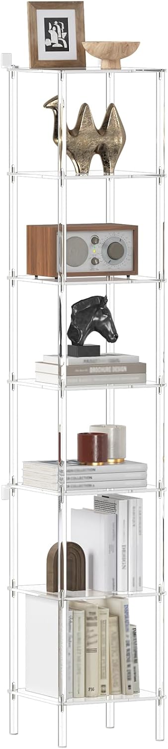 CRTERICX 7-Tier Square Acrylic Bookshelf, Clear Tall Narrow Bookcase for Small Space, Corner Open Display Book Shelves for Home Office, Living Room, Bedroom, Modern, 11.6''W x 63.7''H