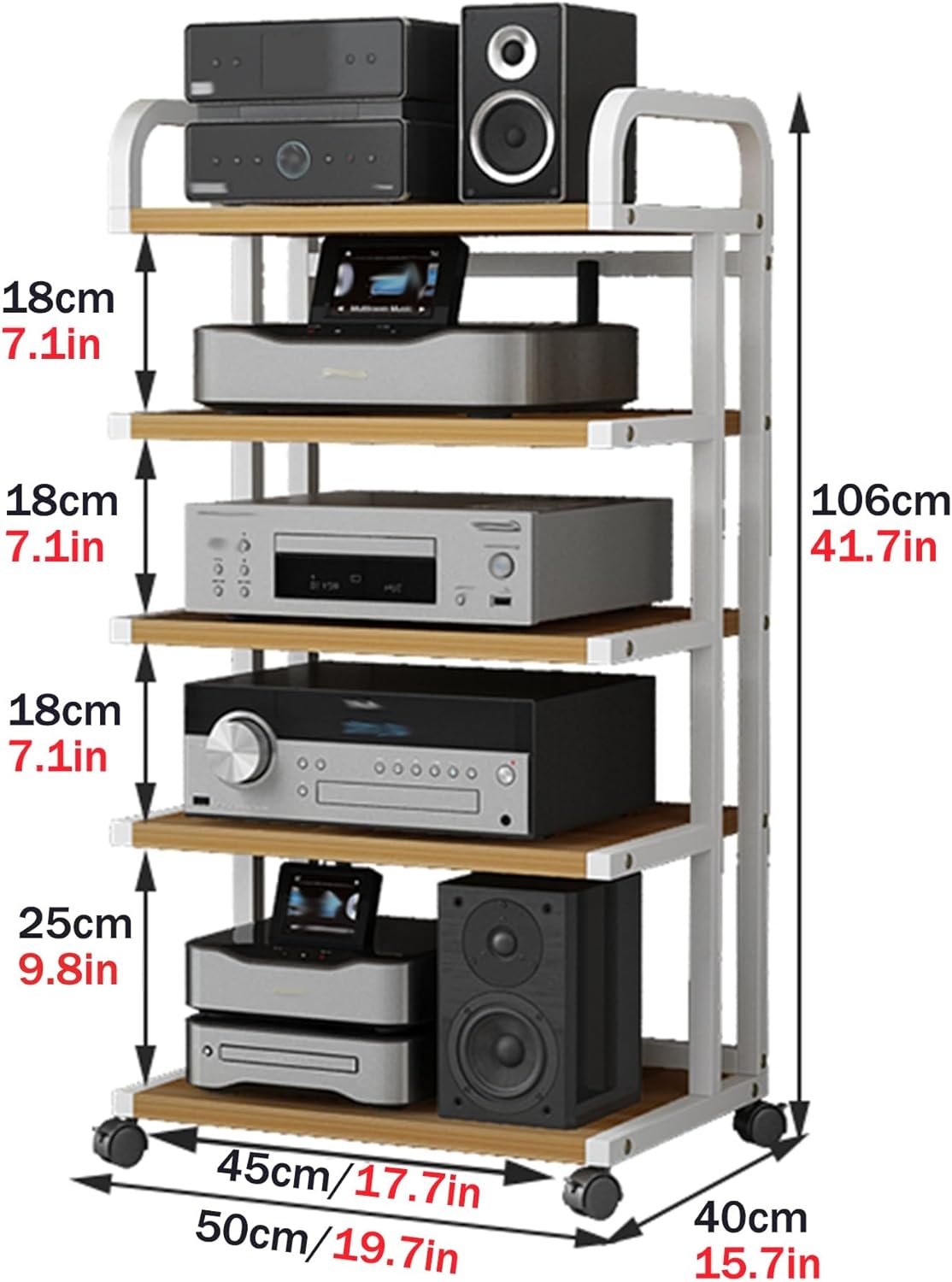 5-Tier Audio Video Stand with Wheels - Modern Wooden Corner Shelf for TV