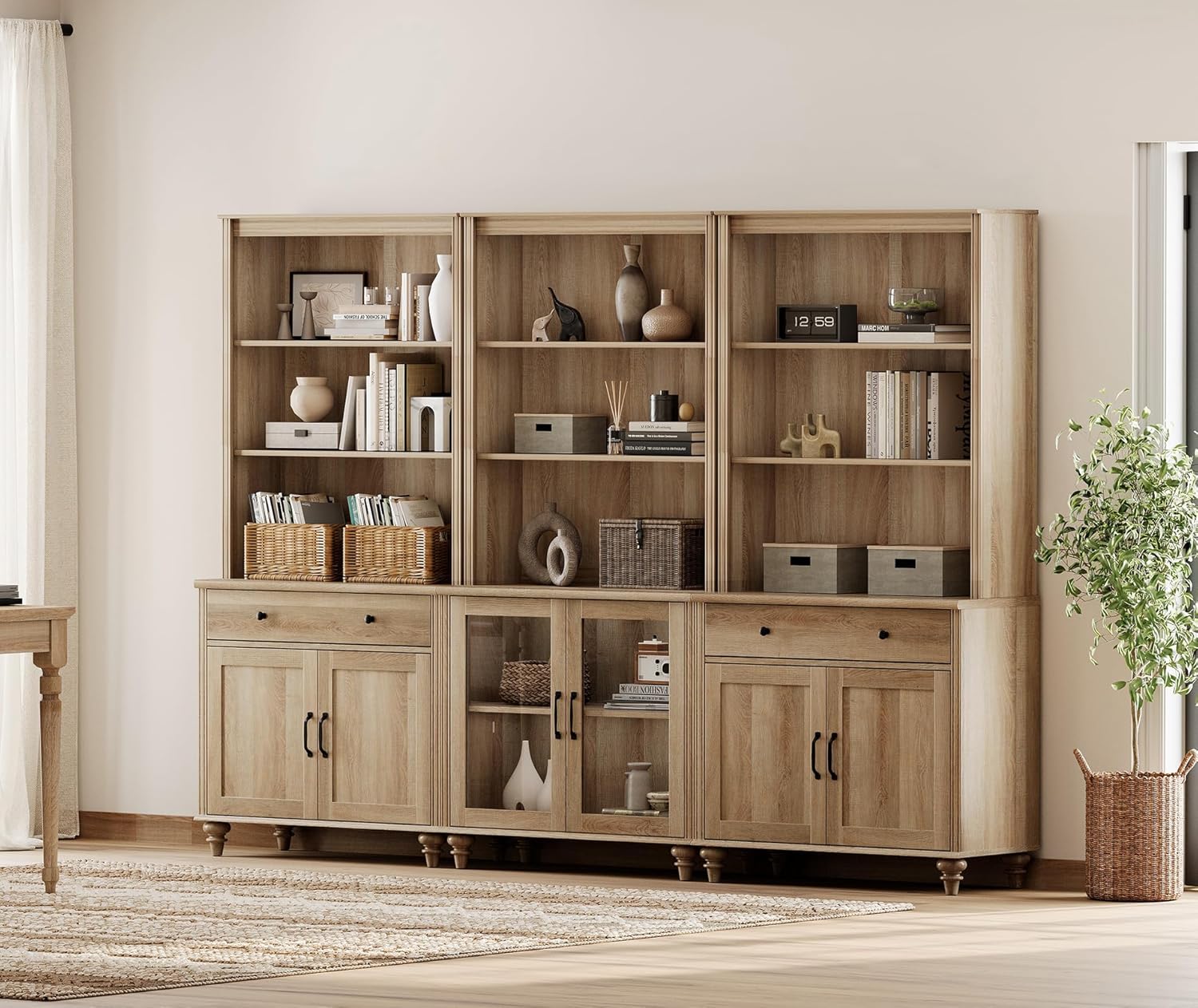 WAMPAT Set of 3 Oak Bookcase with Doors and Drawers, 5 Tier Bookshelf, 72'' Tall Book Case Shelf, Large Wood Bookcases Farmhouse Bookshelves for Living Room Bedroom Home Office Kitchen