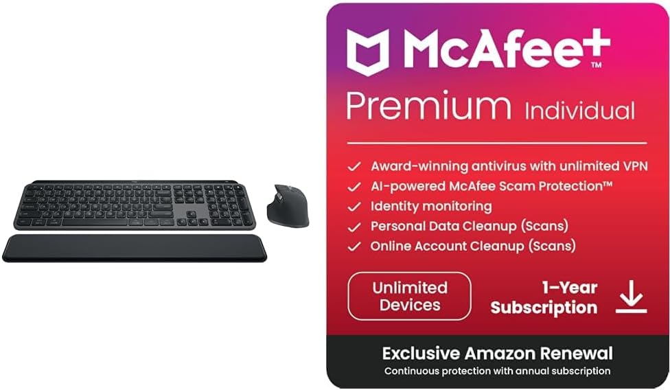 Logitech MX Keys S Combo - Performance Wireless Keyboard and Mouse with Palm Rest with Free Adobe Creative Cloud Subscription + McAfee+ Premium Individual Plan 2024 | Unlimited Devices Antivirus