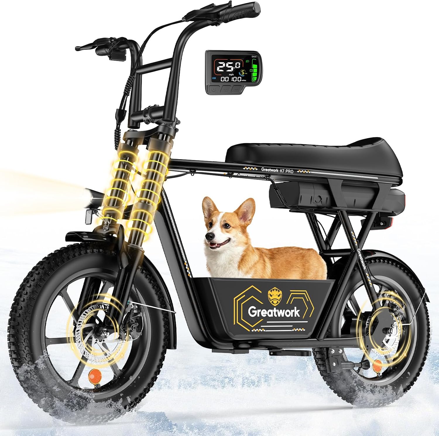 GREATWORK Peak 1200W/1500W Electric Scooter with Seat, 480/720Wh Removable Battery, Max 30/45 Miles Range, 20/25MPH Top Speed, 16x3.0 Fat Tire Motorcycle Style E Scooter for Adults with Basket