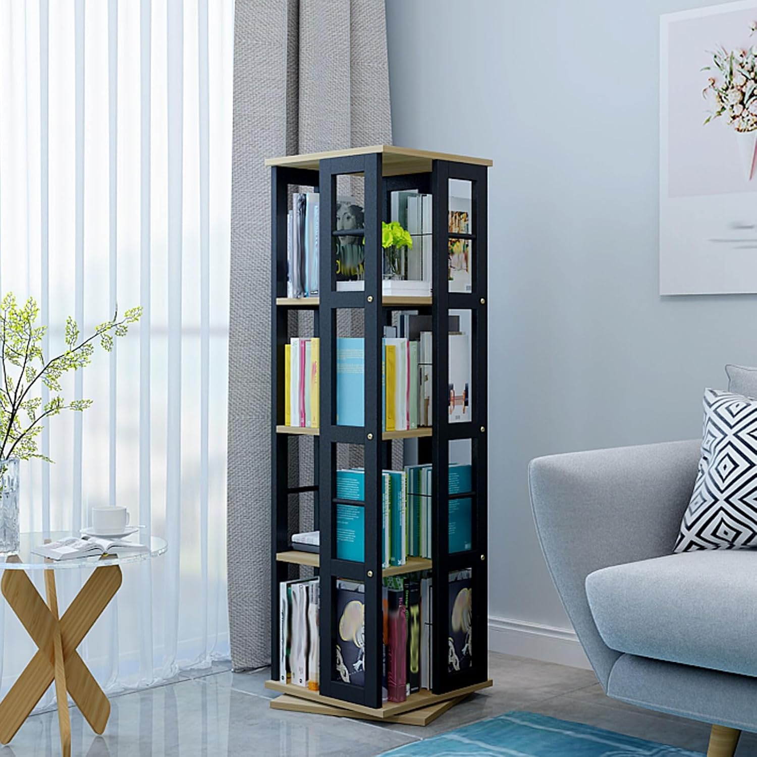 Rotating Book Shelf Toddler, Thickened Steel Frame Structure, Metal Bookshelf, 360°Cubic Bookshelf for Small Space with Storage and Creative Multi-Layer Shelves (Color : B, Size : 4 Layer)