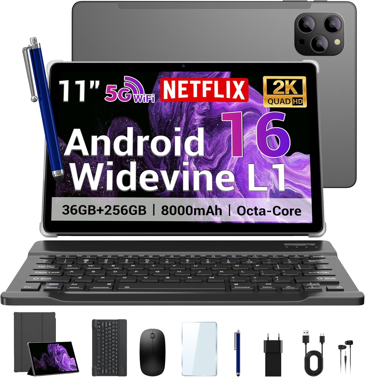 2025 Slim 11 Inch Android 16 Tablet with Keyboard,Stylus & Mouse, 2K IPS Widevine L1, 36GB RAM 256GB (1TB TF), 8000mAh, T615 8-Core,8+13MP, 5G/2.4G WiFi, FCC/CE Certified -Gray
