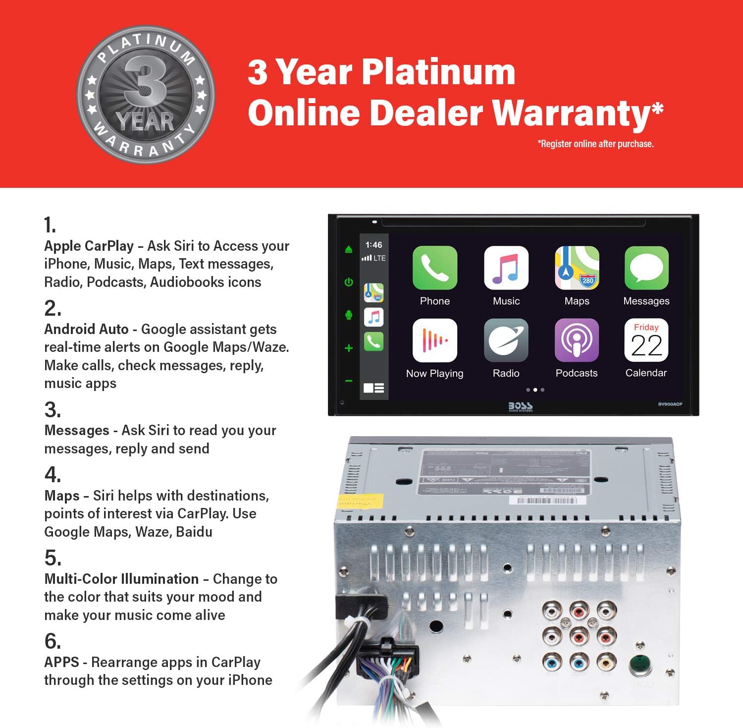 BOSS Audio Systems Elite BV900ACP Car Multimedia Player with Apple CarPlay-Android Auto - Double Din