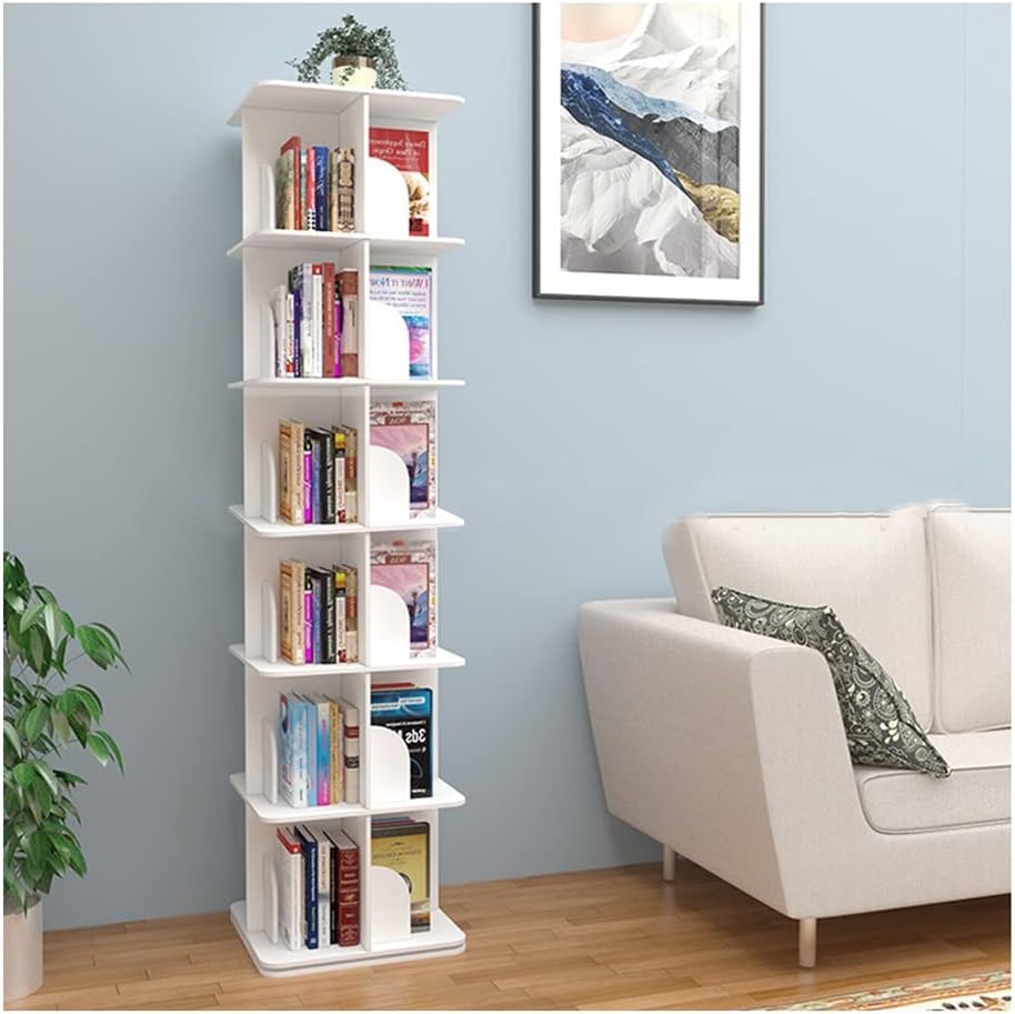 White Wood Rotation Square Bookshelf, Book CD Photo Frame pictorial Storage Shelf Corner Bookcase, Large Capacity Book Display Shelf (Size : 6 Tier)