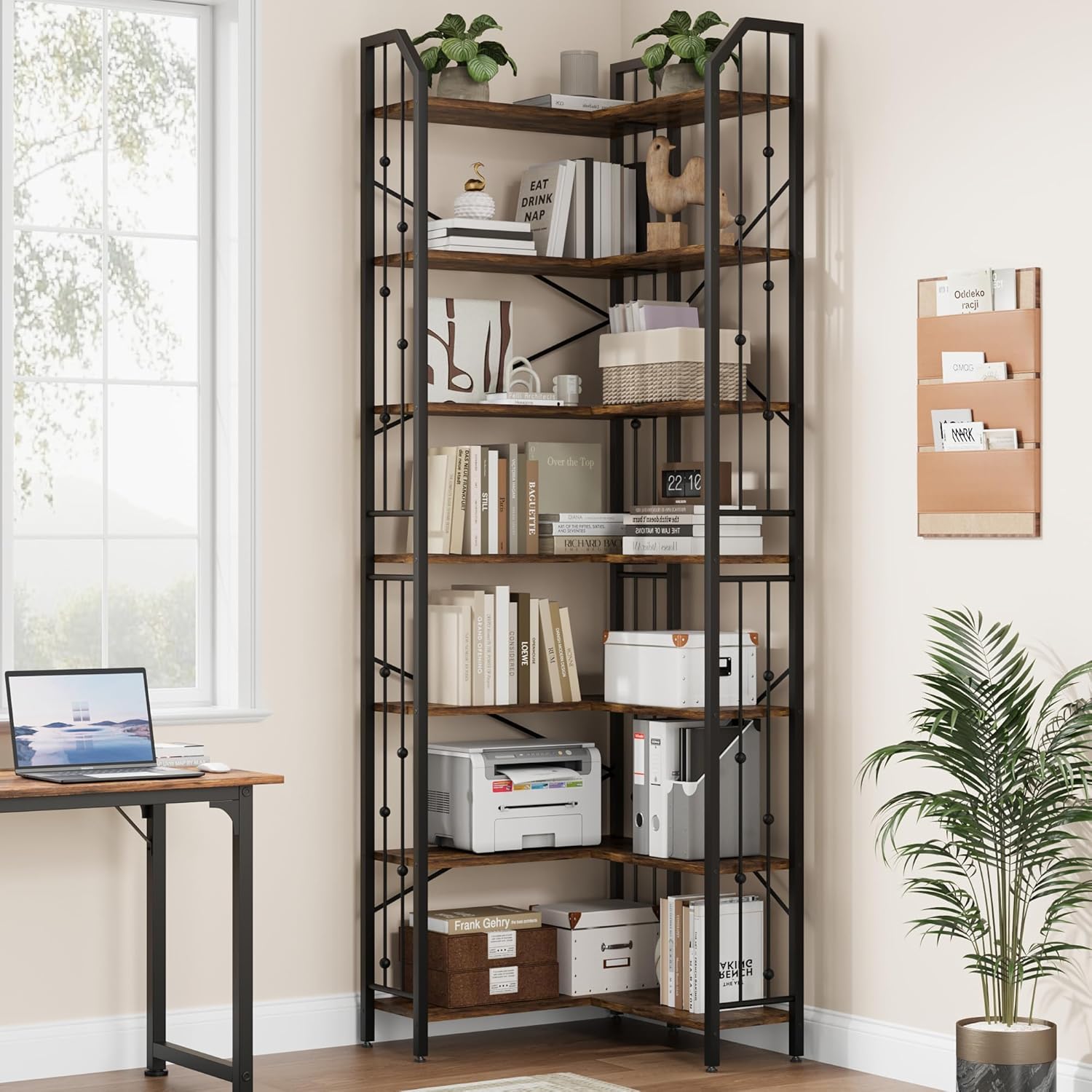 FinerFurnis 7-Tier L-Shaped Corner Bookshelf with Beaded Accents, Industrial Tall Display Storage Rack, Large Bookcase for Living Room and Bedroom