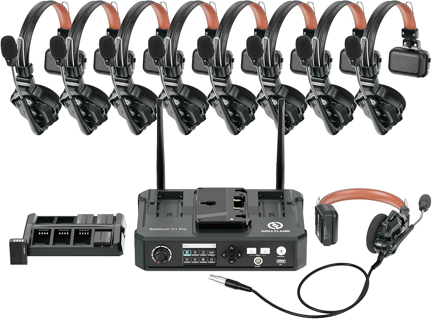 Hollyland Solidcom C1 PRO 9-Users Wireless Headset Intercom System ENC Noise Cancellation with Base Station, 1.9GHz Full-Duplex Team Communication with AB Grouping Cloud Meeting Announcement