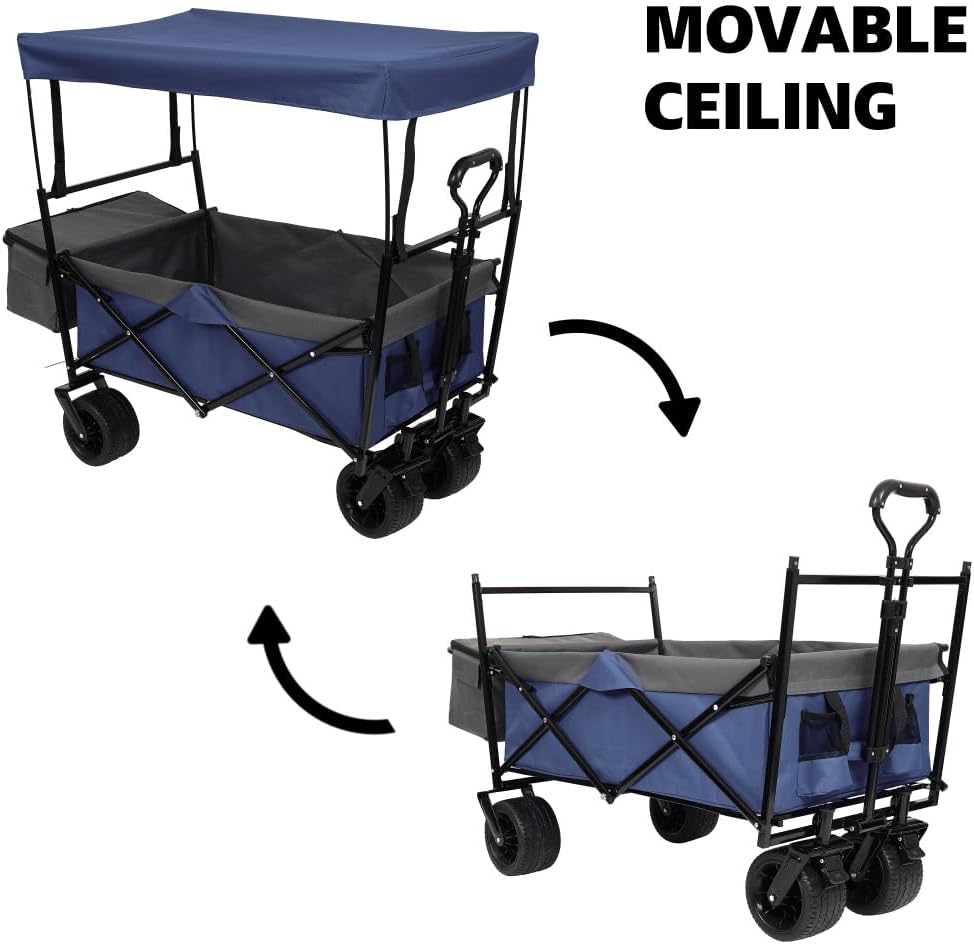 Heavy-Duty Collapsible Wagon with Canopy for Outdoor Use – All-Terrain Wheels, Lightweight Foldable Design, Large Cargo Capacity (Dark Blue + Steel)