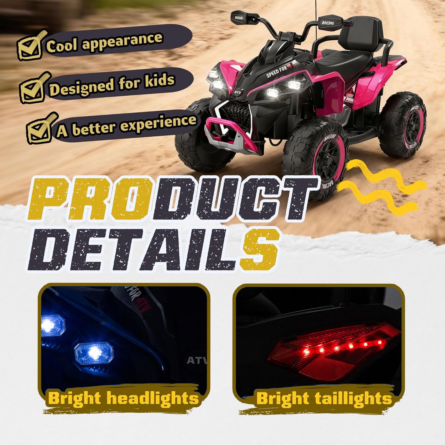 24V Kids Electric ATV with Remote Large Size All Terrain Vehicle 4 Wheel Suspension Ride On Shock Absorbers English Stories Music and Lights for Ages 3-12 Black and Pink Polypropylene
