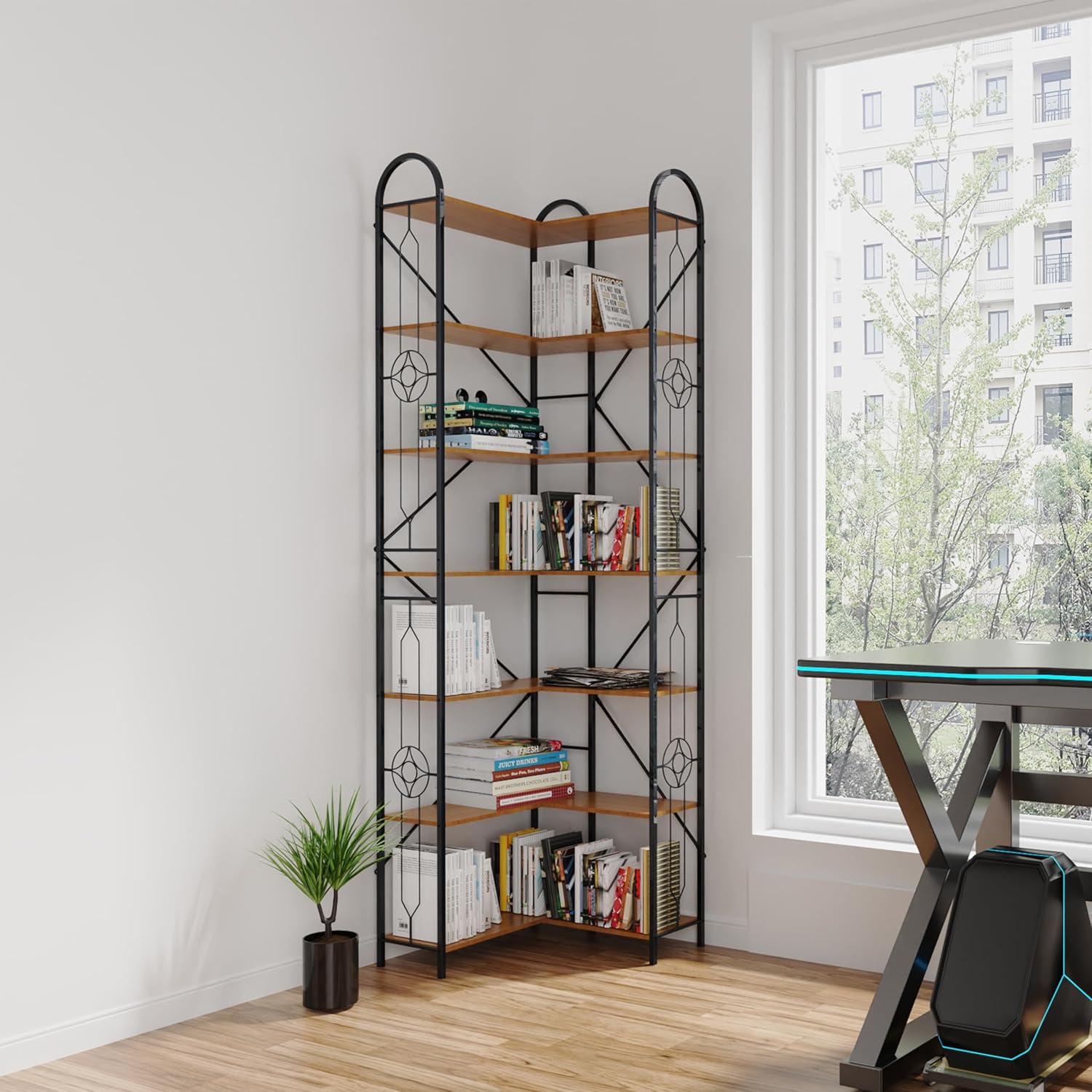 Banhuiey 7-Shelf Bookcase, Modern Tall Bookshelf for Living Room - Rustic Wooden & Industrial Metal Bookshelf, Open Display Storage, Farmhouse Style, Corner Bookcase (Brown Walnut, 86”H)