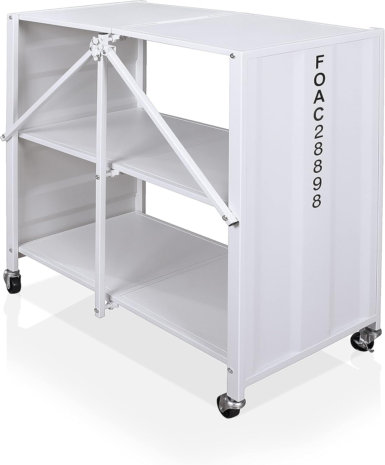 HOMES: Inside + Out Rolling Ridge Industrial 2 Shelves Metal Mobile Foldable 30 in. Bookcase with Wheels for Living Room, Bedroom, Home Office, White