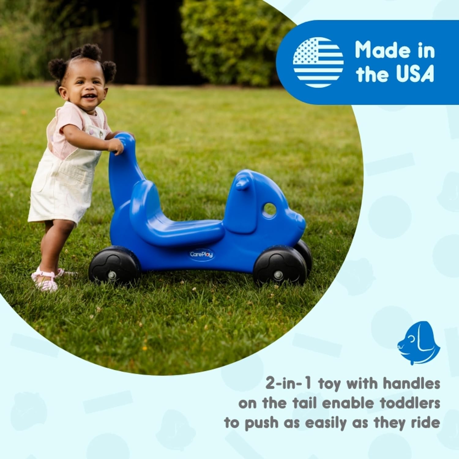 Careplay 2-in-1 Puppy Push & Ride-on Toy, Indoor & Outdoor Use, Low Profile Seat, Recommended for Children up to 50lbs, Durable Construction, Made in The USA, 2 Pack, Blue and Red