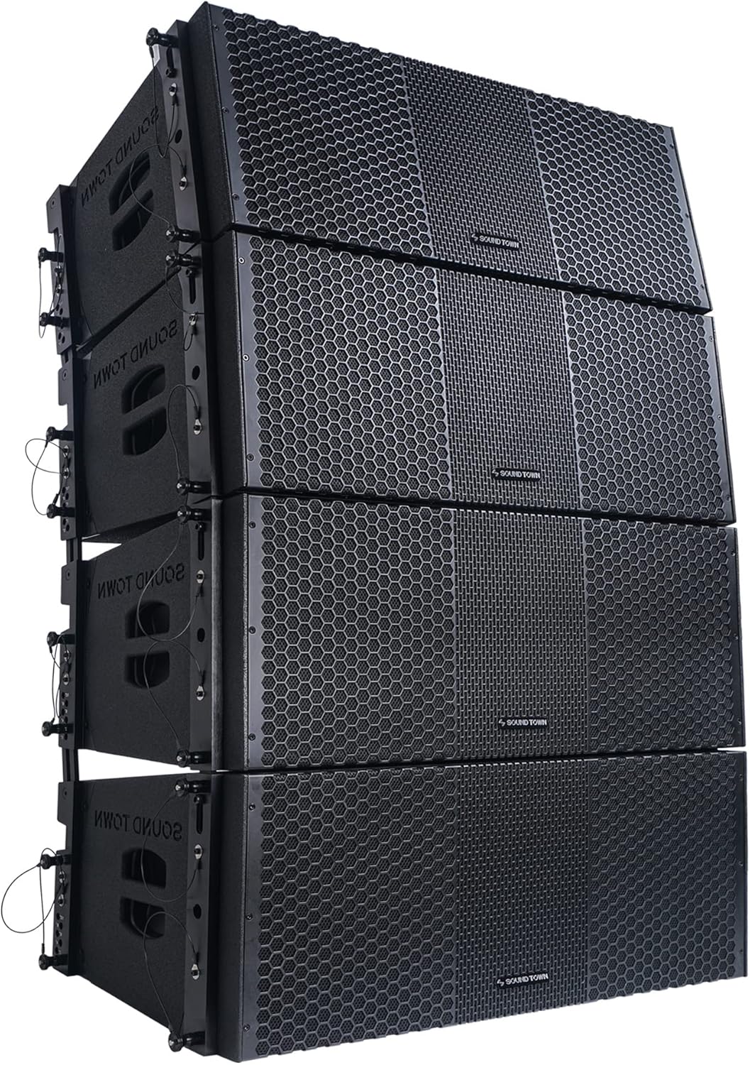 Sound Town ZETHUS Four Dual 10-inch Line Array Speaker System with Dual Titanium Compression Drivers, Full Range/Bi-amp Switchable, Black (ZETHUS-210B-2PAIRS)