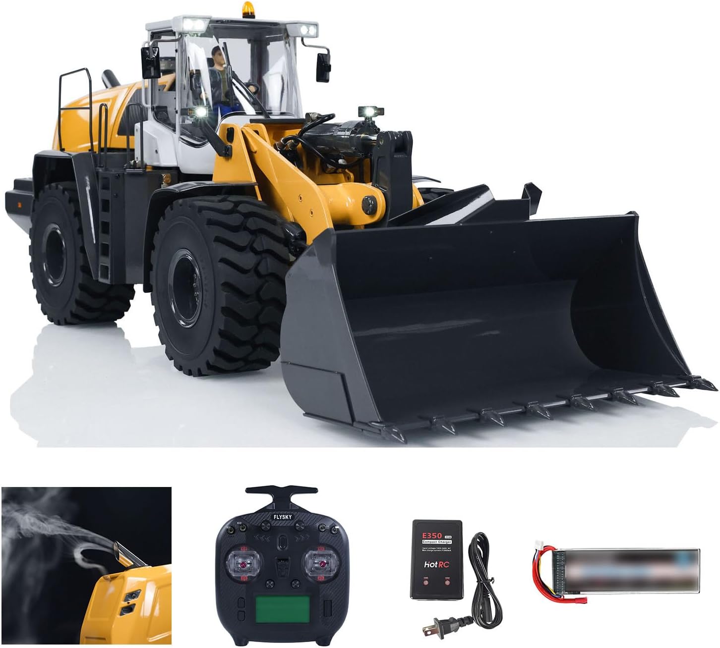 US in Stock, XDRC 1/14 RC Hydraulic Wheeled Loader 580 RTR RC Construction Vehicle 4-Way Reversing Valve Sound Light ST8 Radio Controller Hobby Grade Model (Yellow-with-Smoke)