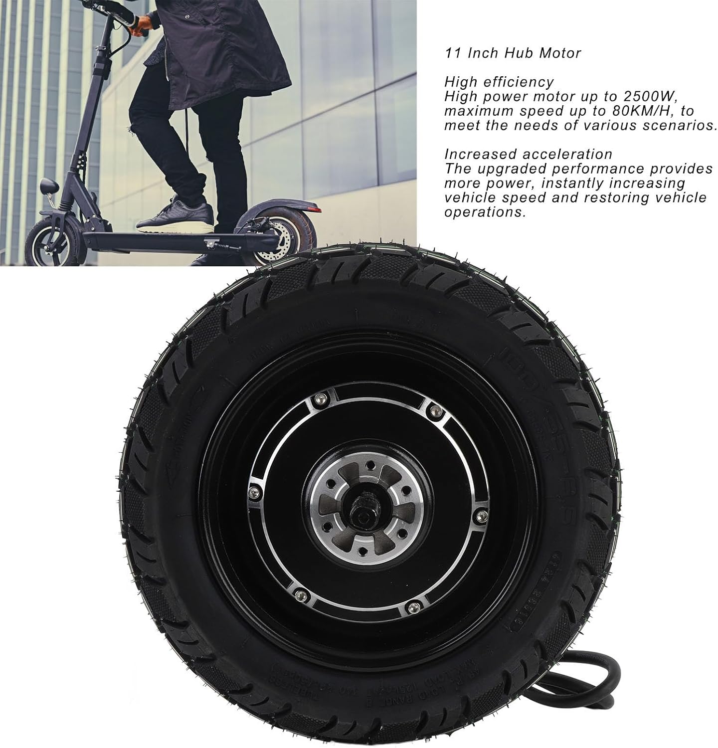 High Power Hub Motor, 11 Inch Aluminum Alloy Electric Scooter Wheel Motor with IPX6 Water Rating, Stable Inflatable Rubber Tire Design, Dual Hall Sensor, for Small Electric