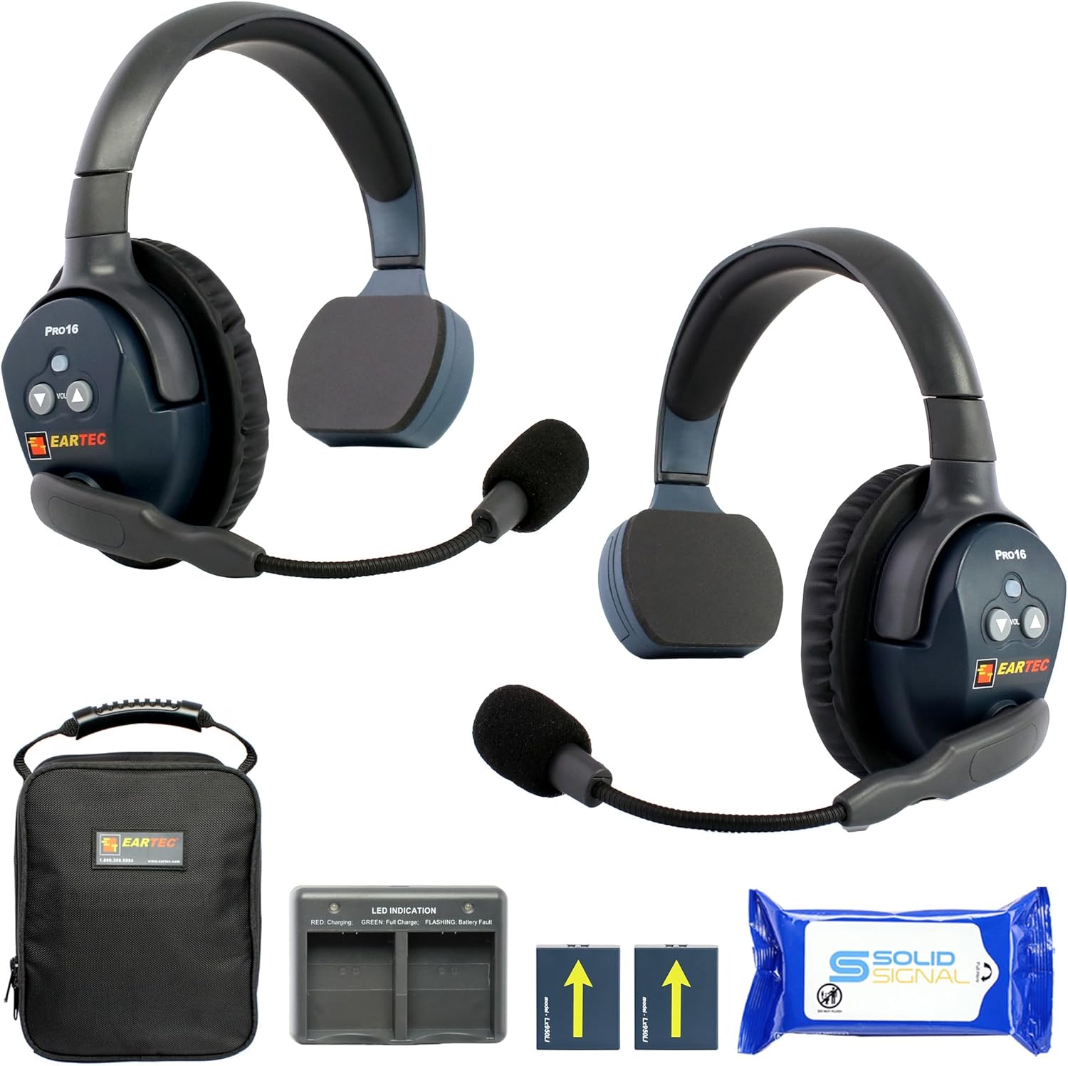 Eartec ETP2S Ultralite PRO16 Hands Free Full Duplex Wireless Headset Communication for 2 Users – 2 Single Ear Headsets, Up to ½ Mile Range, with SolidSignal Cleaning Wipes Bundle