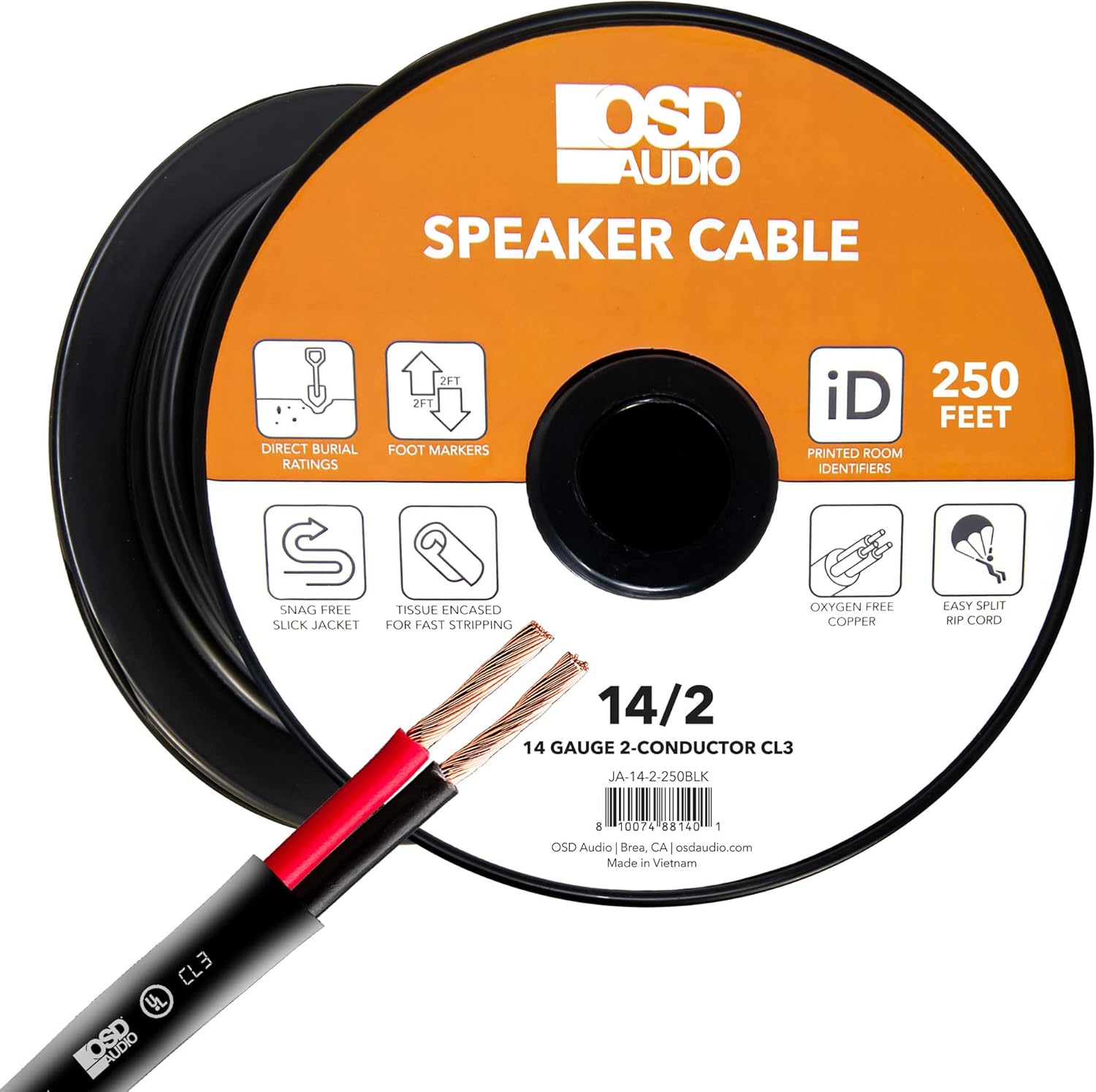 OSD Audio 14/2 Speaker Wire 14 AWG/Gauge 2 Conductor 250FT UL List in Wall Direct Burial Graded CL2/CL3 Oxygen Free Copper OFC - Black