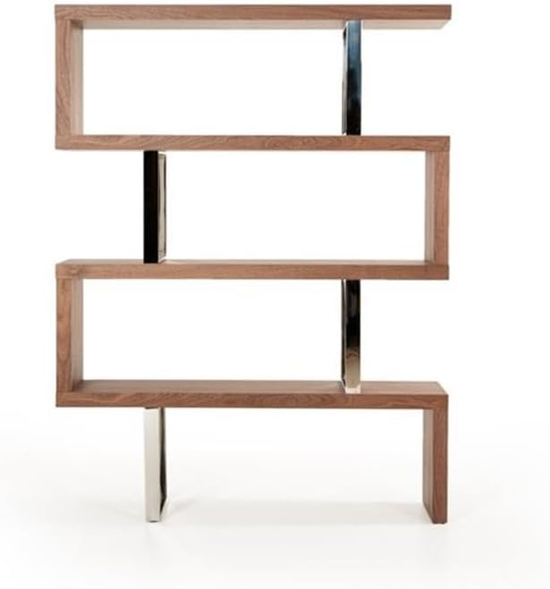 Modrest Maze Modern Wood & Stainless Steel Bookcase in Walnut Finish