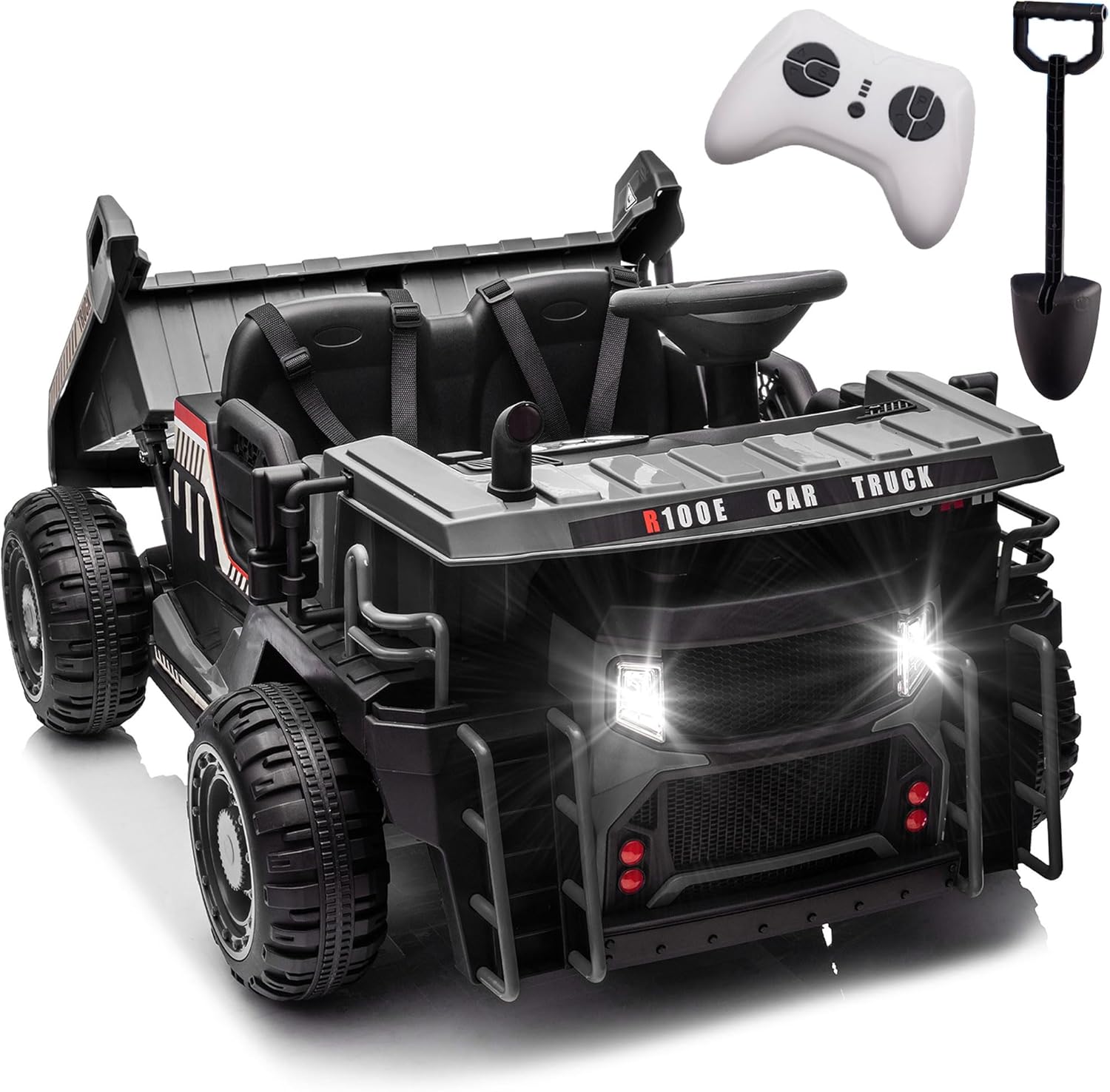 Bluefun 24V Kids Ride on Dump Truck with Remote Control, 2 Seater Kids Electric Car, 400W Power Wheels, Electric Dump Bed & Shovel, Bluetooth Music, Shock Absorption (Black)