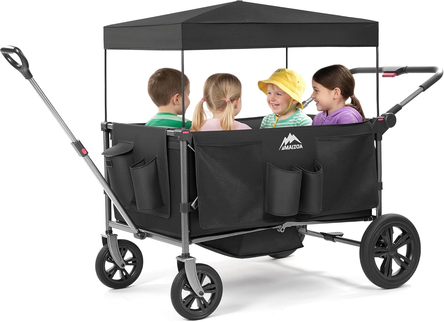 4 Seater Foldable Wagon Stroller & Cargo,with 5-Point Harnesses,Adjustable Push/Pull Handle, Removable Sun Canopy, One-Step Locking Design, Suitable for Family Travel, 4 Children Ride, Gift