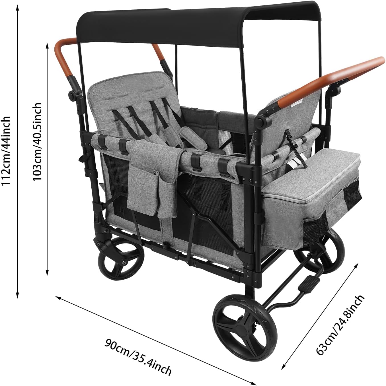 Foldable Double Push Bar Stroller Wagon Featuring 4 High Seat for 4 Kids